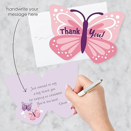 Miniatura 4 de Big Dot of Happiness Hermosas tarjetas de agradecimiento con forma de mariposa, tarjetas de agradecimiento florales para baby shower o cumpleaños