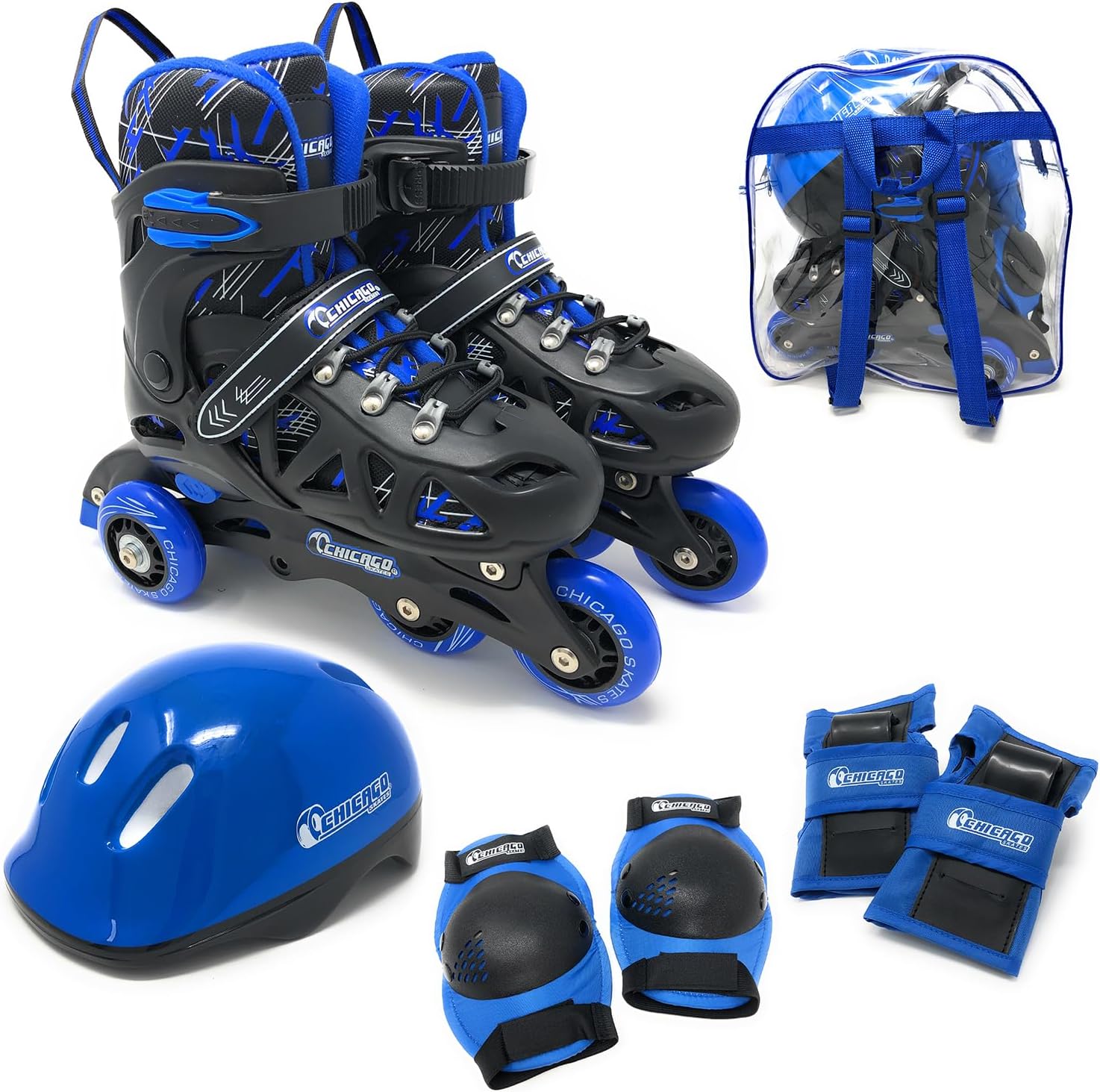 Chicago Inline Training Roller Skates with Protective Gear for Kids – Durable, Top Performance Roller Blades - Wrist Guards, Kneepads & Backpack– Padded High-Top Boots,64mm Wheels - Indoor/Outdoor Use