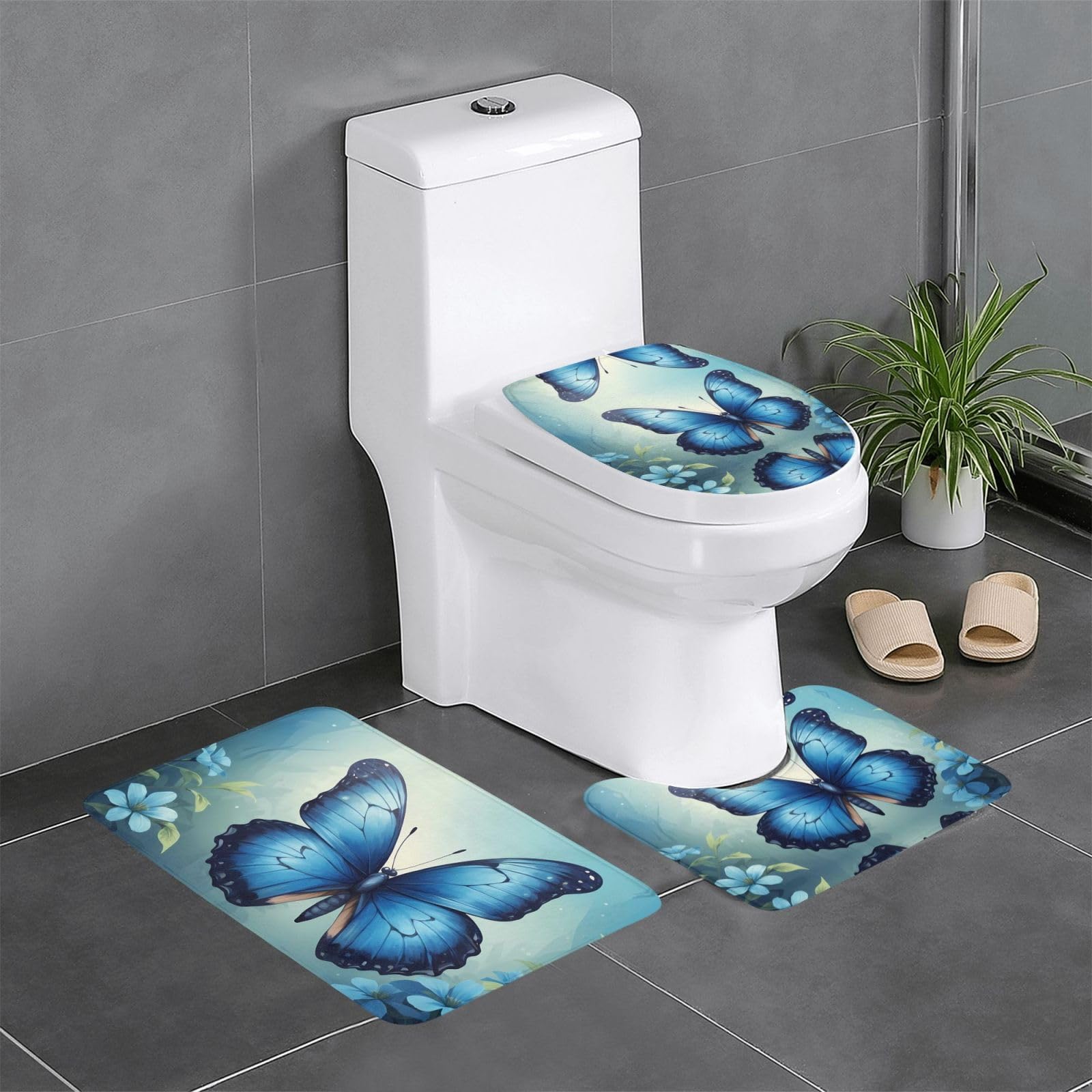 Tapis de salle de bain antidérapants HJFCZH motif papillon bleu lot de 3 pièces