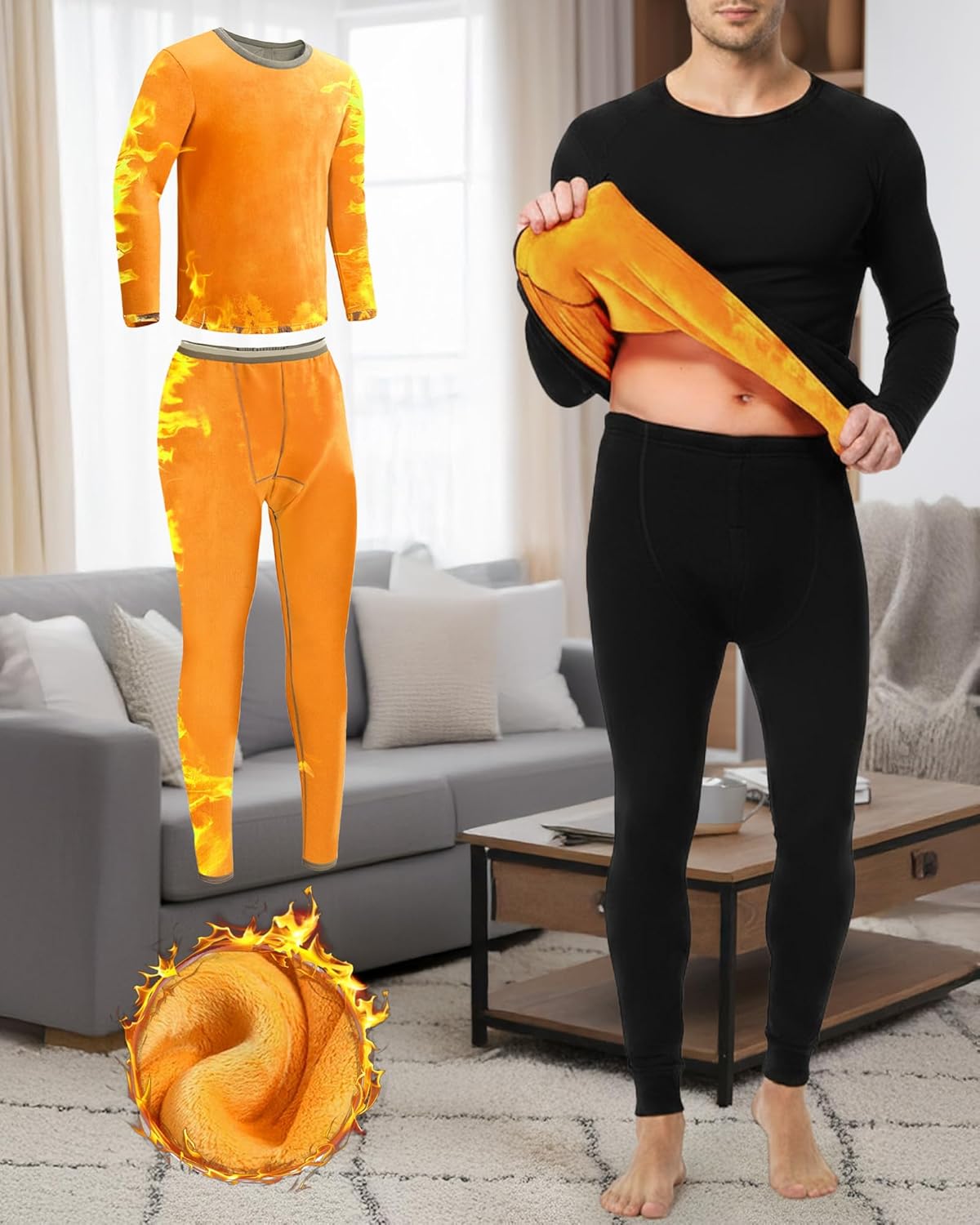 Patelai 2 Pack Mens Thermal Underwear Set Fleece Lined Underwear Shirt and Pants Set Base Layer Top and Bottom Cold Weather - Image 5