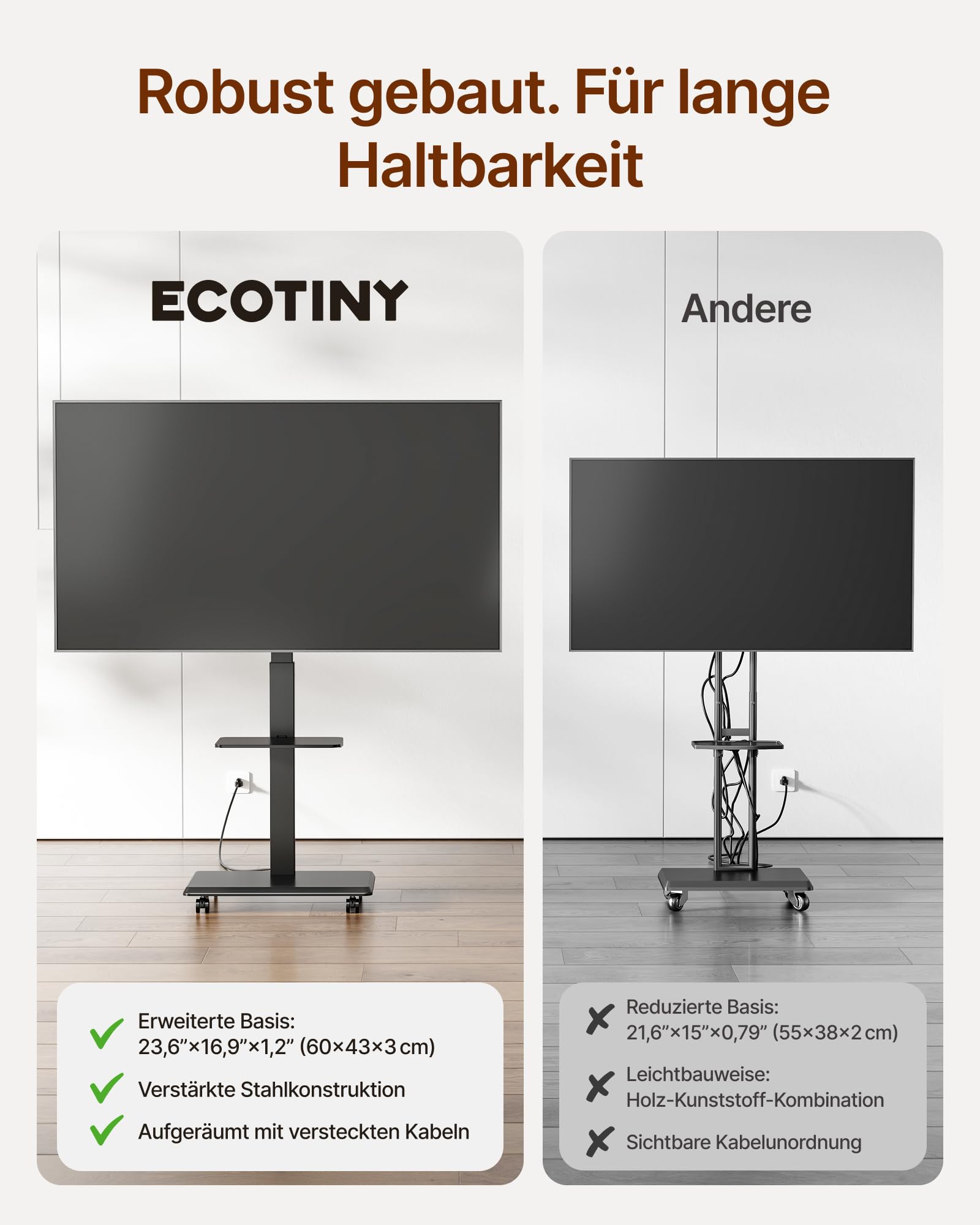 TV Ständer Rollbar aus Stahl für 37-75 Zoll Fernseher bis zu 50kg, Schwenkbar Fernsehständer Höhenverstellbarer mit Ablage, TV Bodenständer mit Versteckter Kabelverwaltung, VESA 600 x 400mm