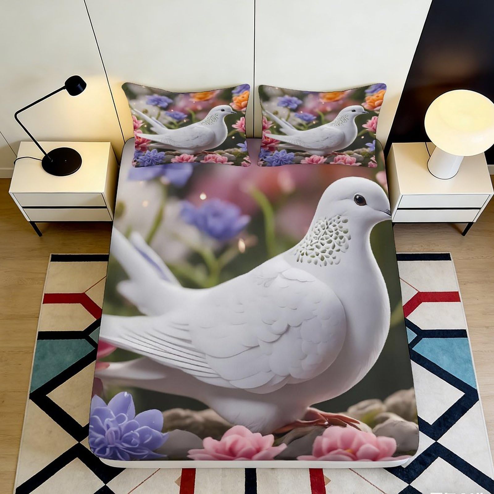 3D Printed White Dove Fitted Sheet Microfiber Soft Floral Mattress Cover for Bedroom Dorm Easy Care Decor 90x200x25cm