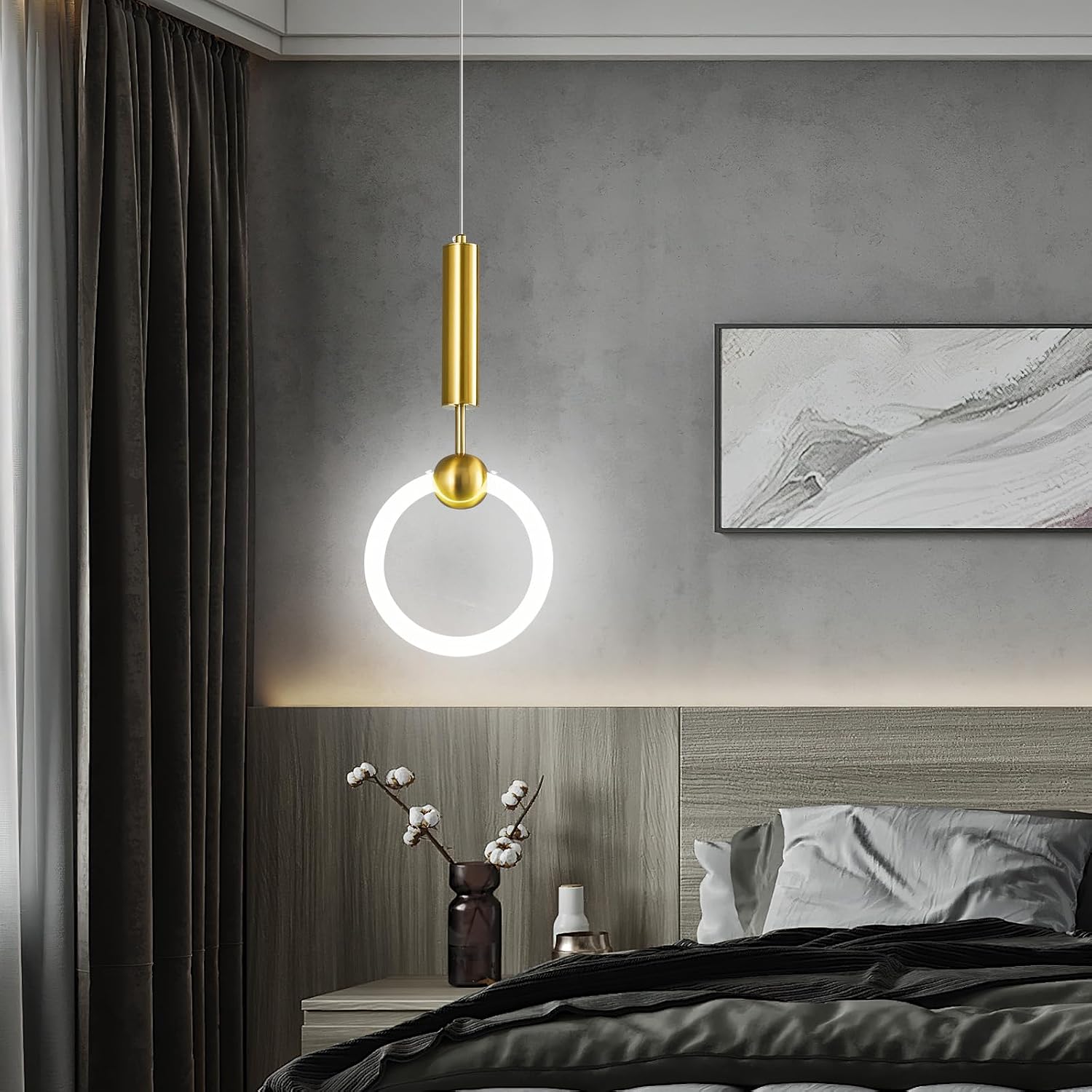 Modern LED Pendant Light Fixtures, Simplicity Gold Pendant Lighting,Circular Hanging Chandelier for Kitchen Island Dining Room Bedroom Entryway Hallway(Gold-2-Pack)