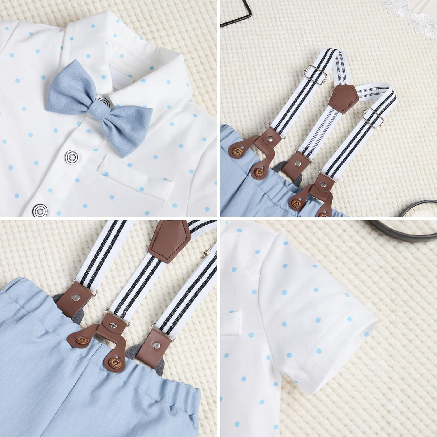 IDOPIP Toddler Kids Baby Boys Formal Suit Gentleman White Shirt with Bowtie + Suspender Shorts Pants Overalls Clothes 6M-5T