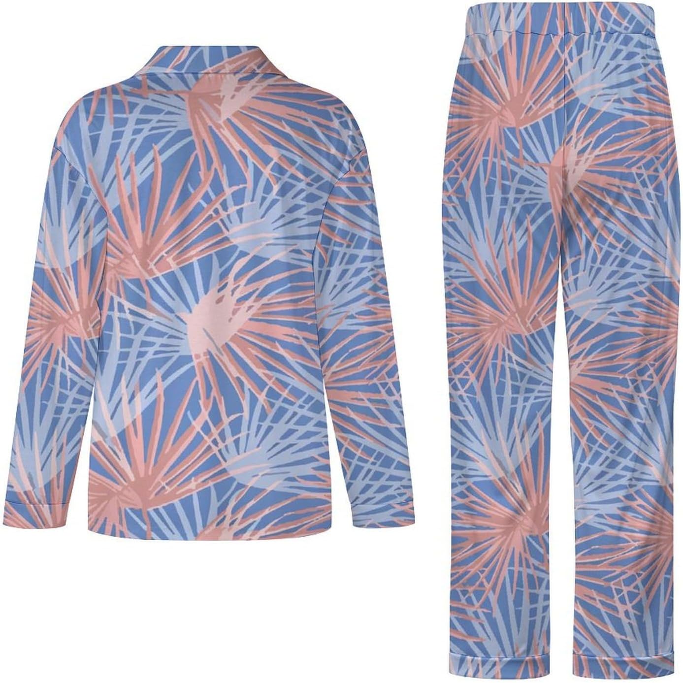 パジャマ レディース ルームウェア ヤシの葉 葉柄 長袖&amp;長ズボン 上下セット 部屋着 前開き 寝巻き 寝間着 便利服 ヨガ