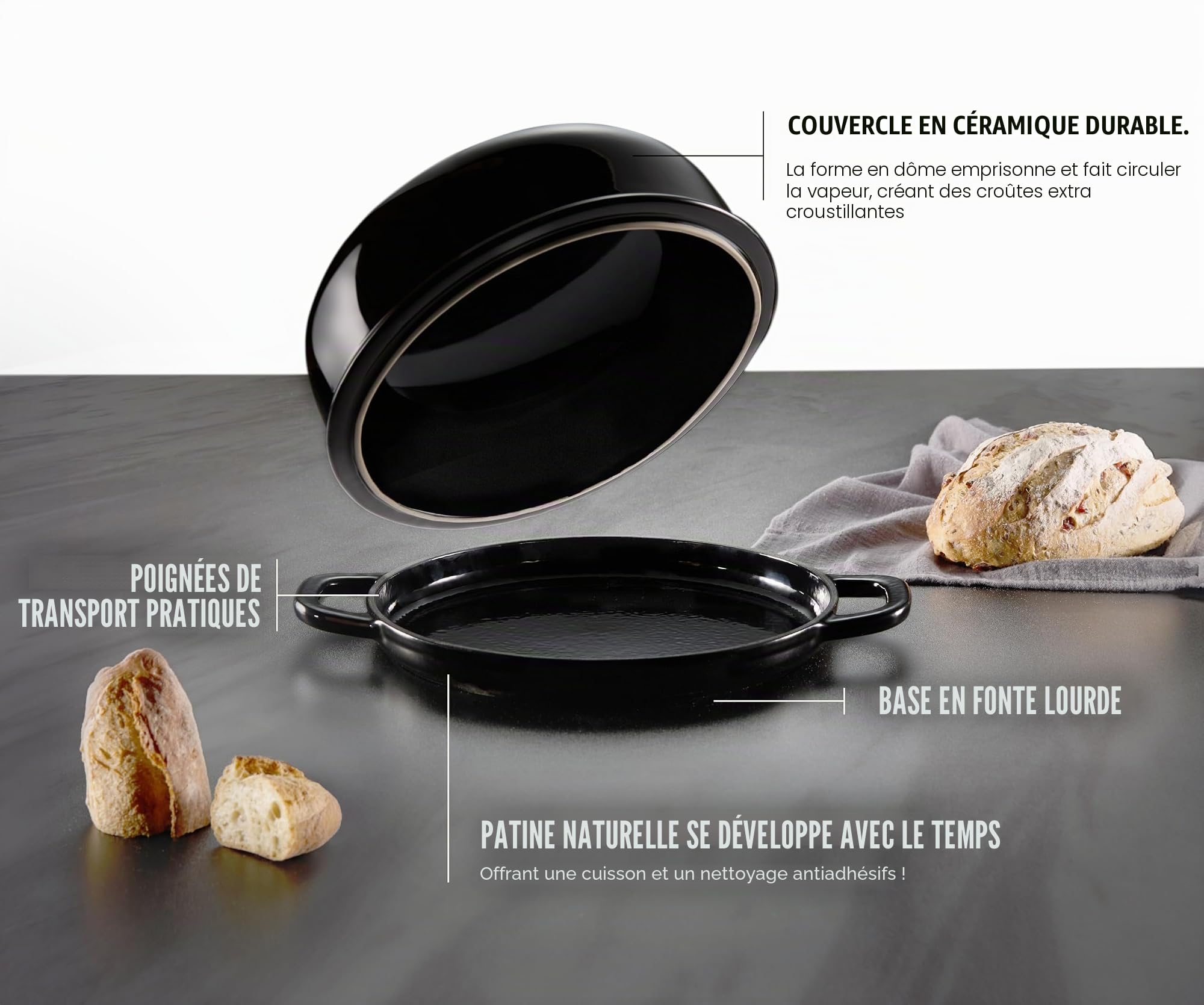 Kook Four à pain, poêle à levain avec couvercle et poignées, poêle en fonte émaillée et couvercle en céramique, pour la cuisson, la cuisson, le rôti, noir