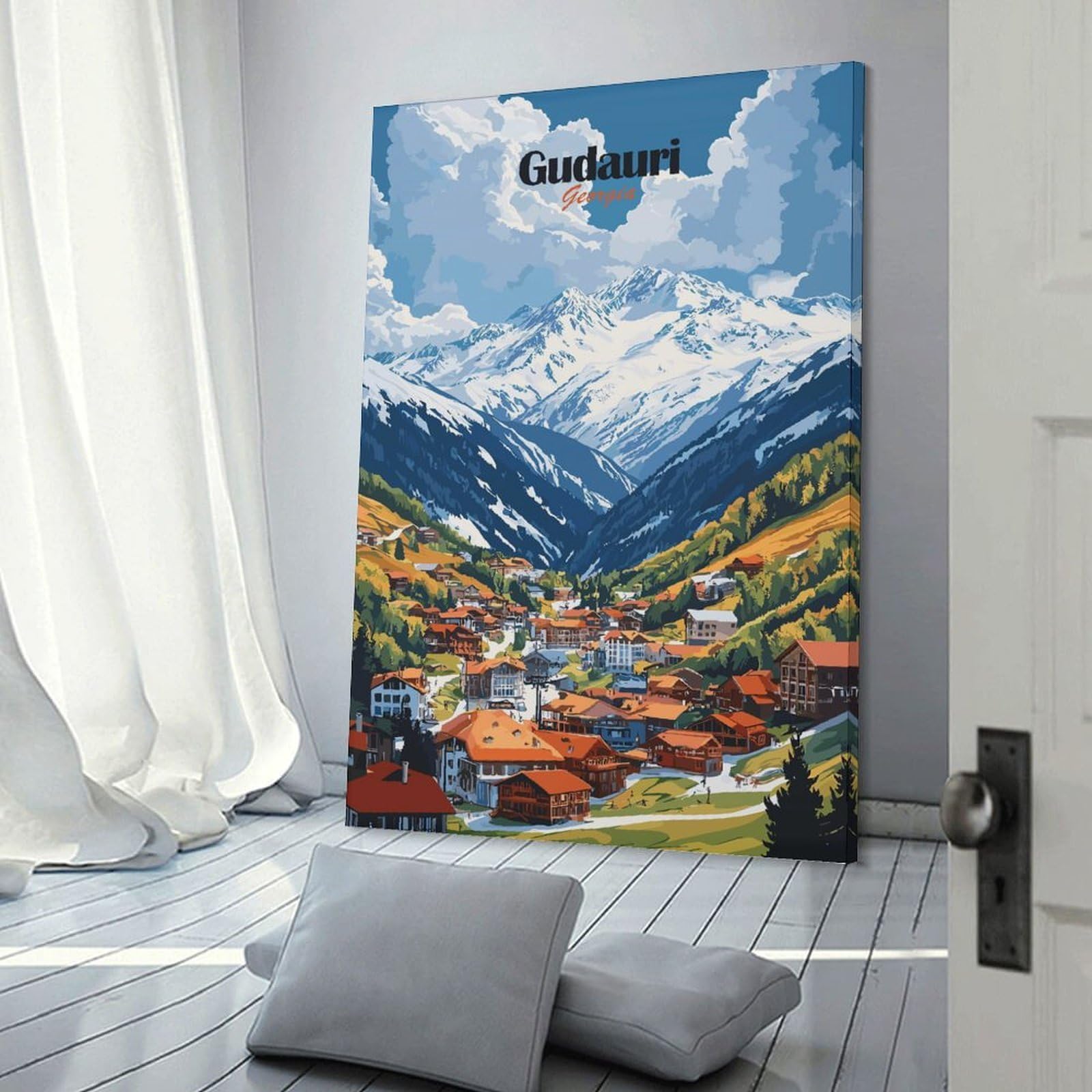 Junmoney Wall Picture Print Gudauri, Georgia Mountain Village, 20x30inch(50x75cm), for Entryway, Lounge Links Or Small Walls, Home Artwork for First Impressions