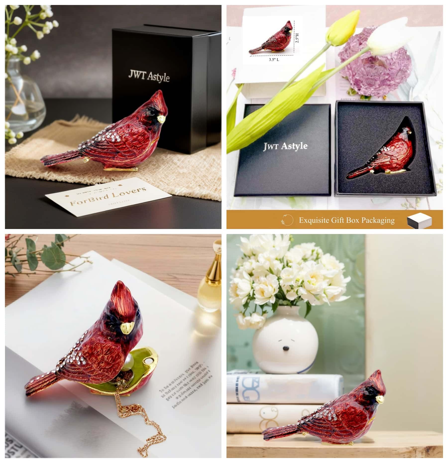Luxury Red Cardinal Bird Gifts Jewelry Trinket Boxes Hinged.Decorative Keepsake Ring Box.Necklace Rings Earrings Organizer.Bird Figurines Accents Home Decor Gifts for Women.