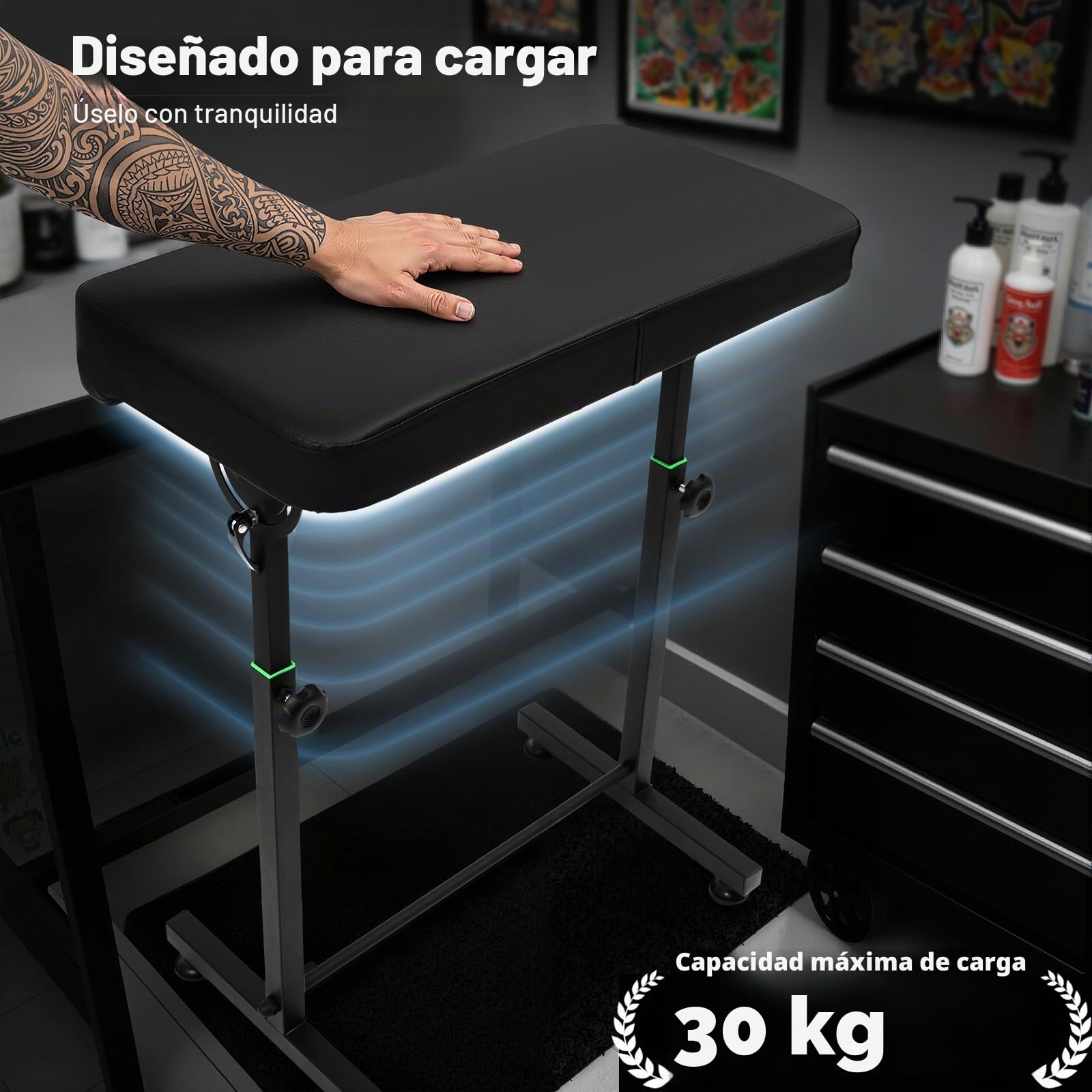 Soporte para reposabrazos de tatuaje, soporte profesional para mesa de tatuaje, soporte para piernas con inclinación de 180°, almohadilla de esponja, tamaño 70 x 40 x 5 cm, altura ajustable 69-102 cm