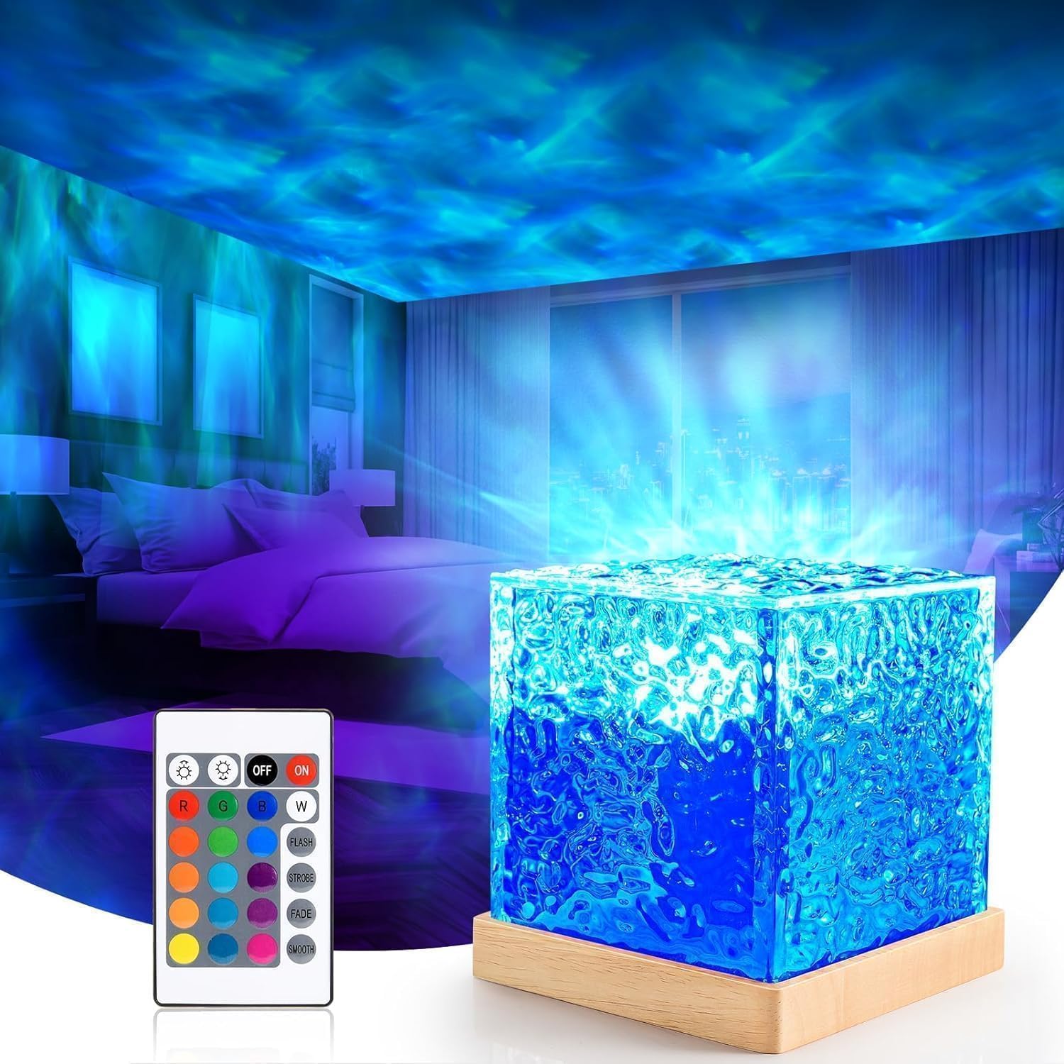 Acrylic Water Wave Night Light Projector - 3D Ocean Ripple Effect LED Bedside Lamp with Remote Control, 16 Color Changing Dynamic Rotation Cube Lamp for Bedroom Decor, Living Room, Gifting-image-46