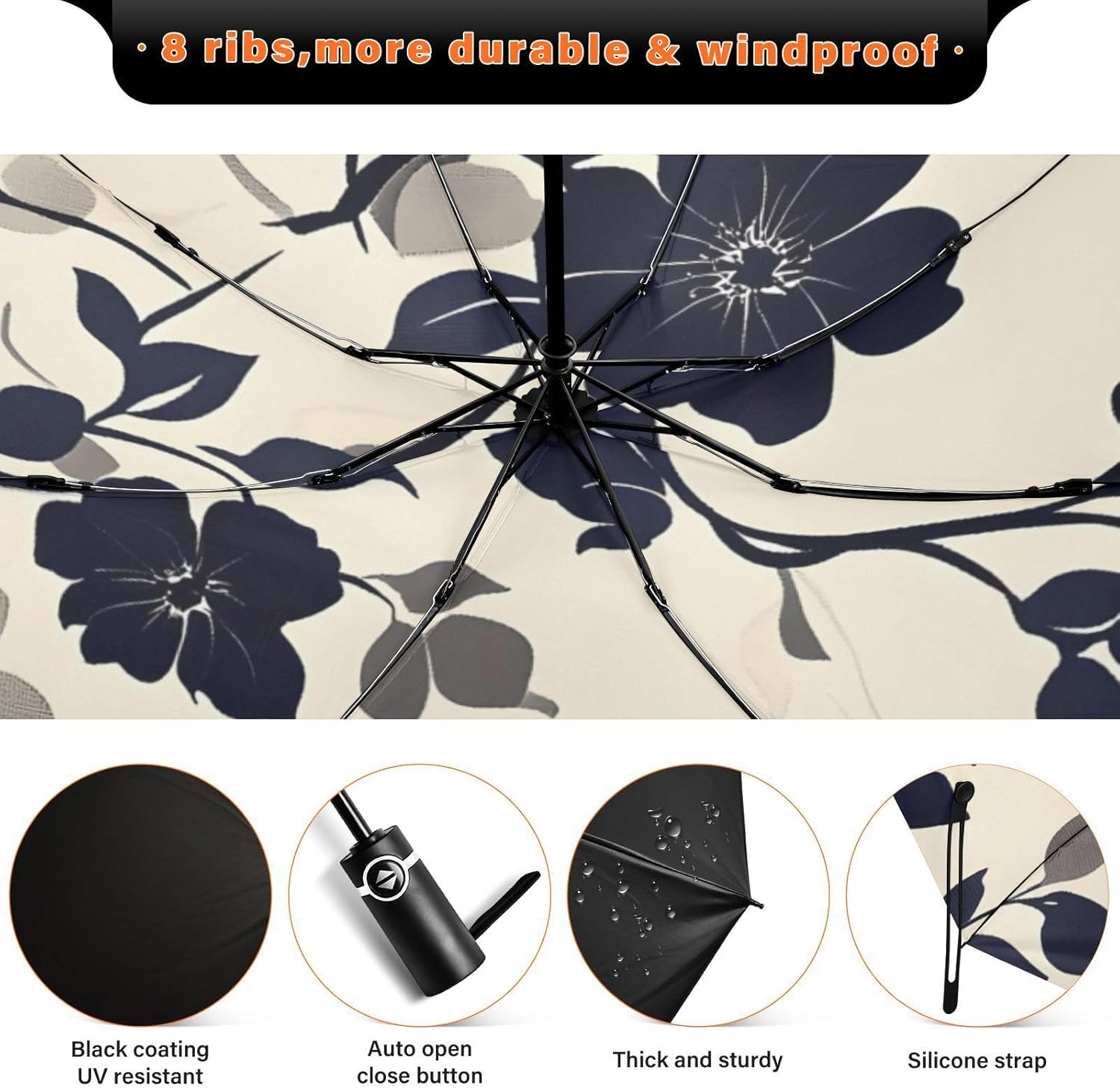 UPF 50+ Large Travel Umbrella Flower Art Black Compact for Rain and Sun - One-Click Automatic Open and Close - Windproof Portable 46” Sun Umbrella