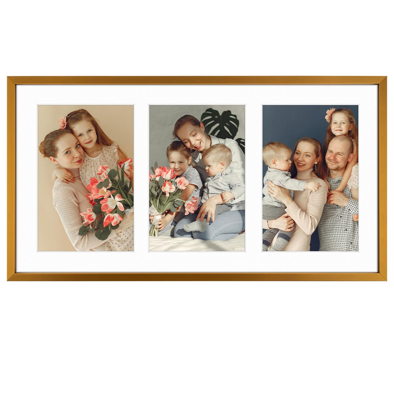 Golden State Art, 5x7 Aluminum Collage Frame, Displays 7x5 Pictures With 3 Openings Mat or One 8.5x16.3 Photo, Real Glass, Portrait/Landscape Wall Display, Bronze, 1 Pack