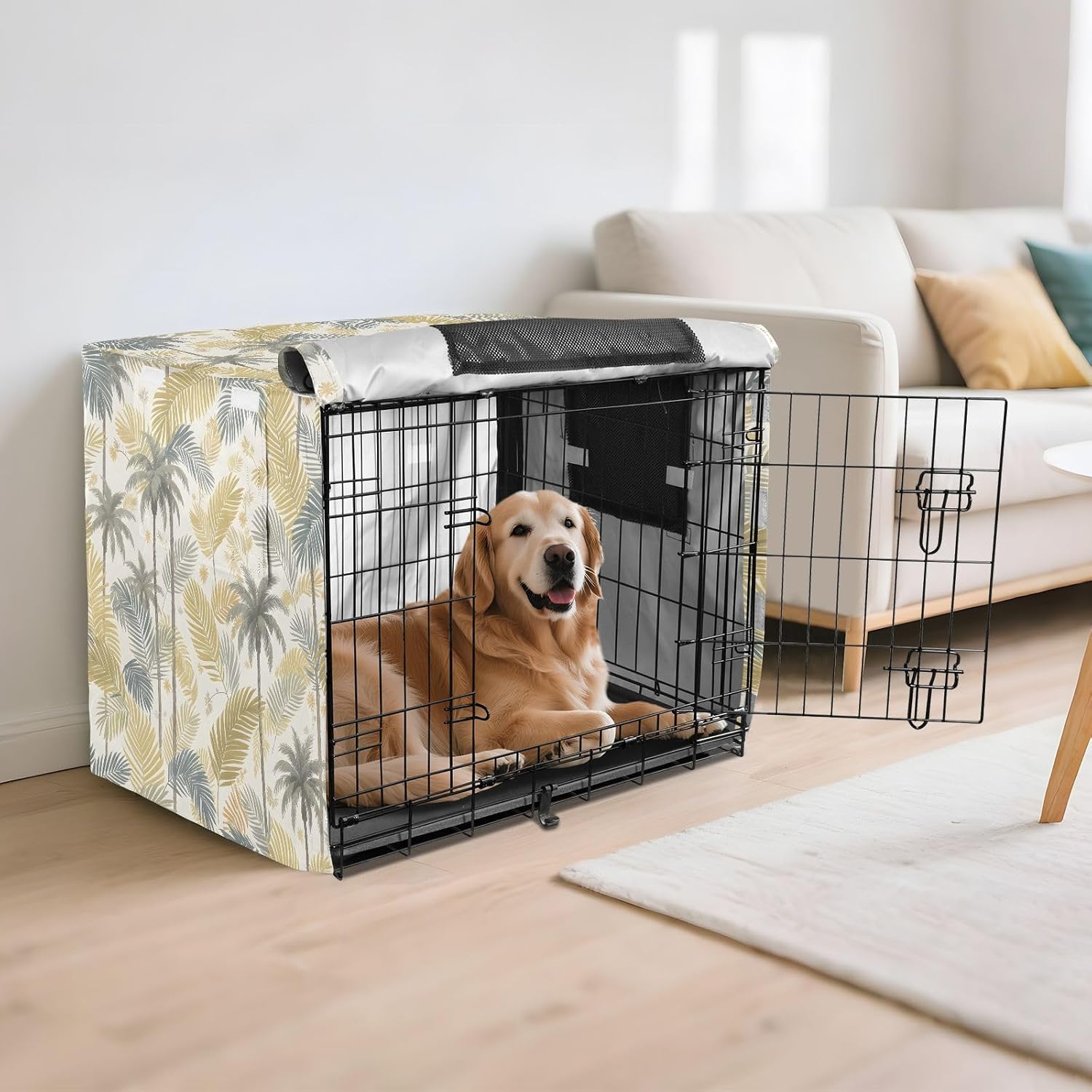 Tropical Leaves Dog Crate Cover 600D Oxford Pet Kennel Cover with Mesh Window for Dog Cages, Windproof Waterproof Machine Washable, 42"x28"x30"