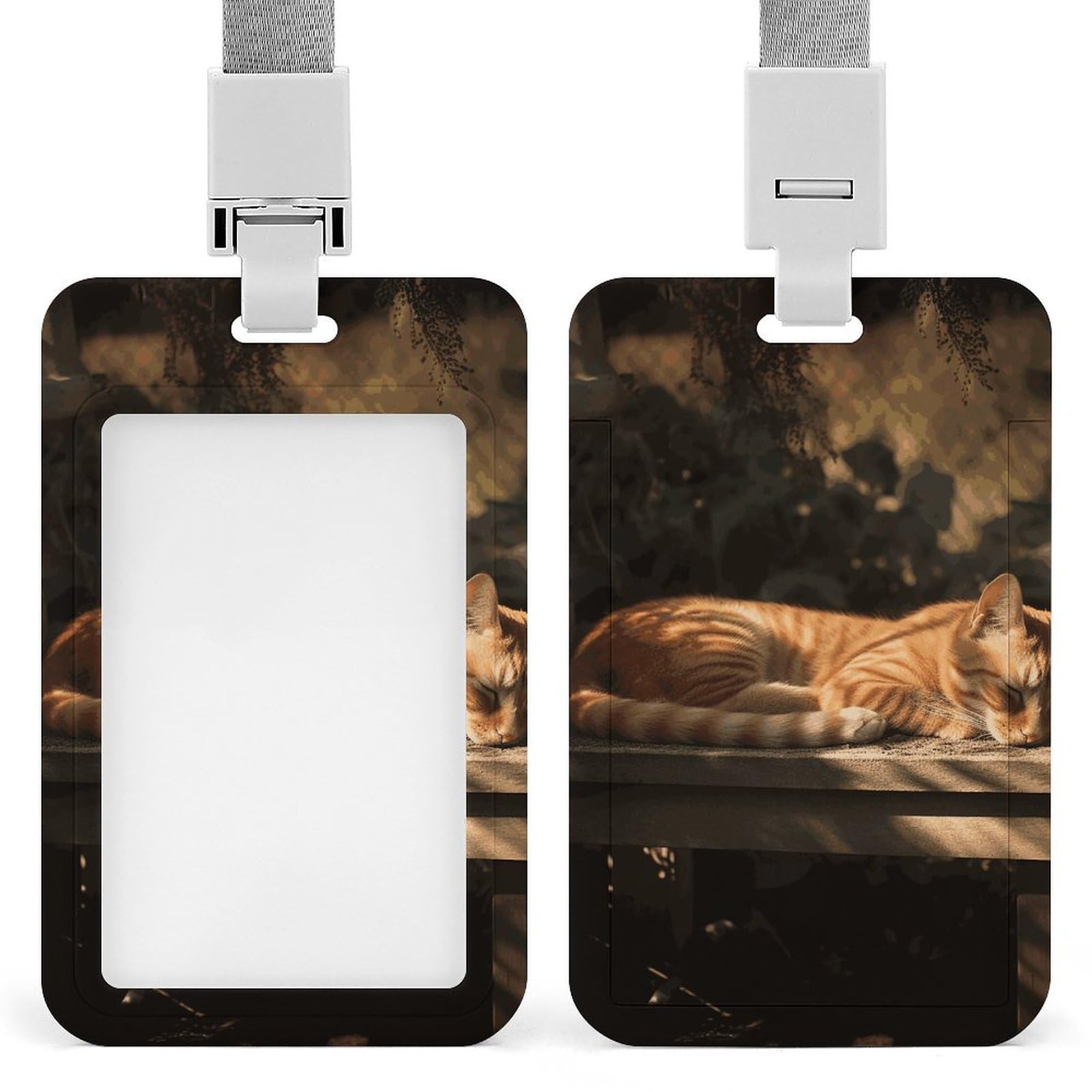 ID Card Holders for Lanyard,Orange Cat Sleeping Printed Badge Holder with Clear Window,Plastic Vertical Bus Pass Holders for Work Teacher Nurse Employees Proximity Key Cards Women Men — image 1