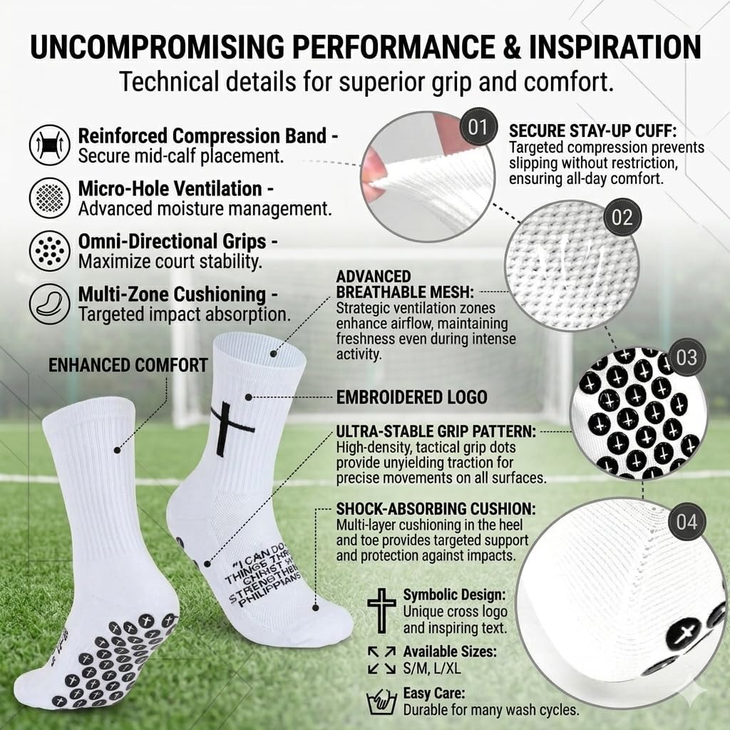 6 Pairs Cross Grip Soccer Socks Anti-Slip Christian Sports Sock Bible Verse Religious Faith Sock Rubber Dots