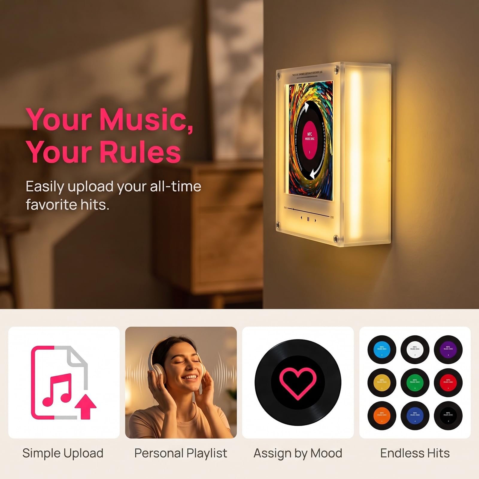 Lettore Musicale Magnetico da Frigo, Magnete per Frigorifero con Carillon, Mini Giradischi Magnetico con 9 Dischi, Jukebox Magnetico con Rotazione Ed Effetti Luminosi, 2
