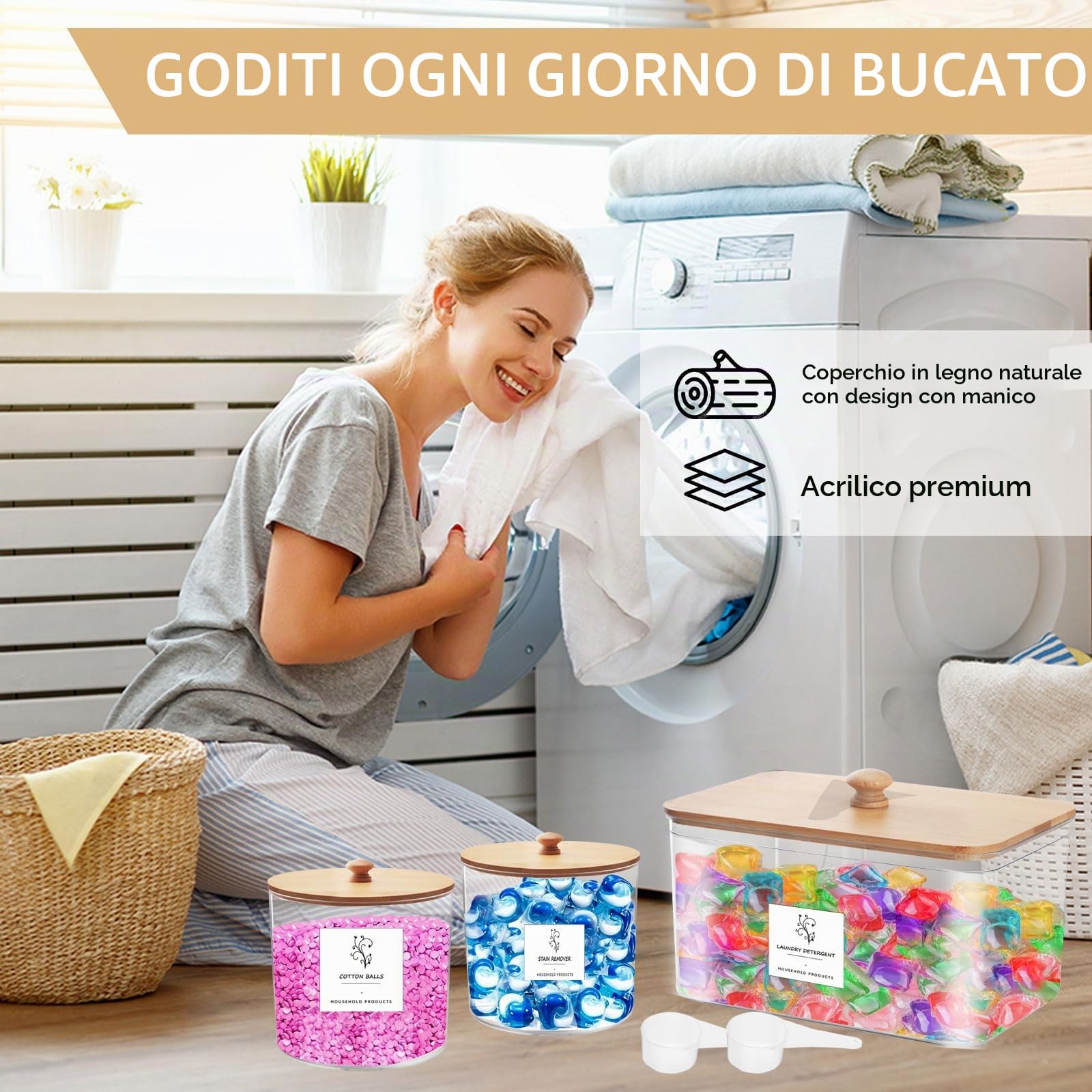 3 Pezzi Contenitore Detersivo Polvere, Dispenser Detersivo Lavatrice in Plastica, Dosatore Detersivo Lavatrice con Coperchio, con 16 Etichette ＆ 2 Misurini, per Bombe da Bagno, Cialde per Bucato