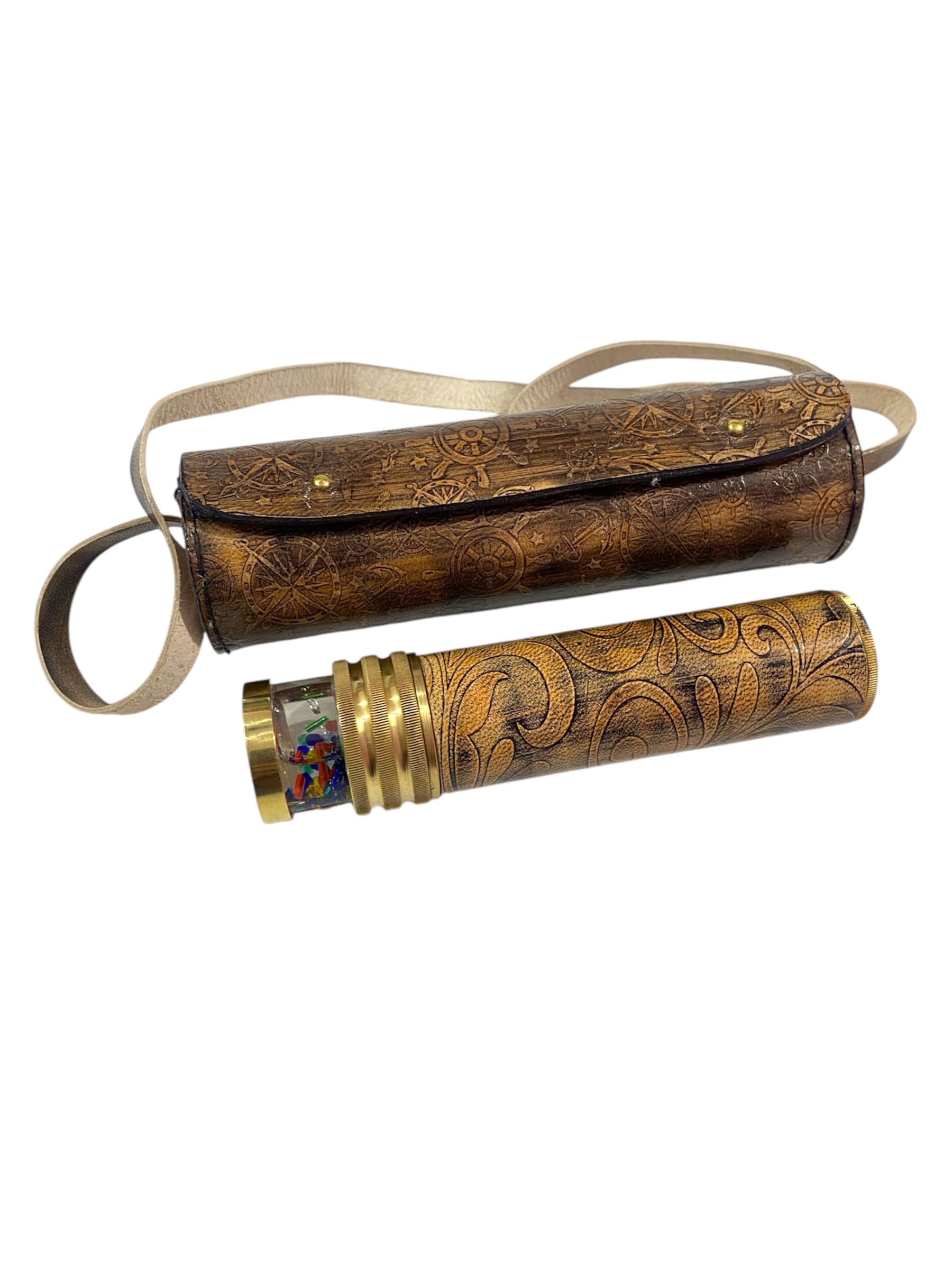 Tuezy Vintage Leather Kaleidoscope for Adults & Kids with Carrying Case – Handmade Brass and Leather Toy, Classic Optical Illusion Gift, Retro Steampunk Design
