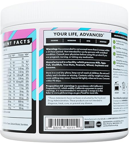 Miniatura 5 de Advanced Fórmula de impulso de energía energética con electrolitos para hidratación, L-teanina para combatir el nerviosismo, sin azúcar y apto para