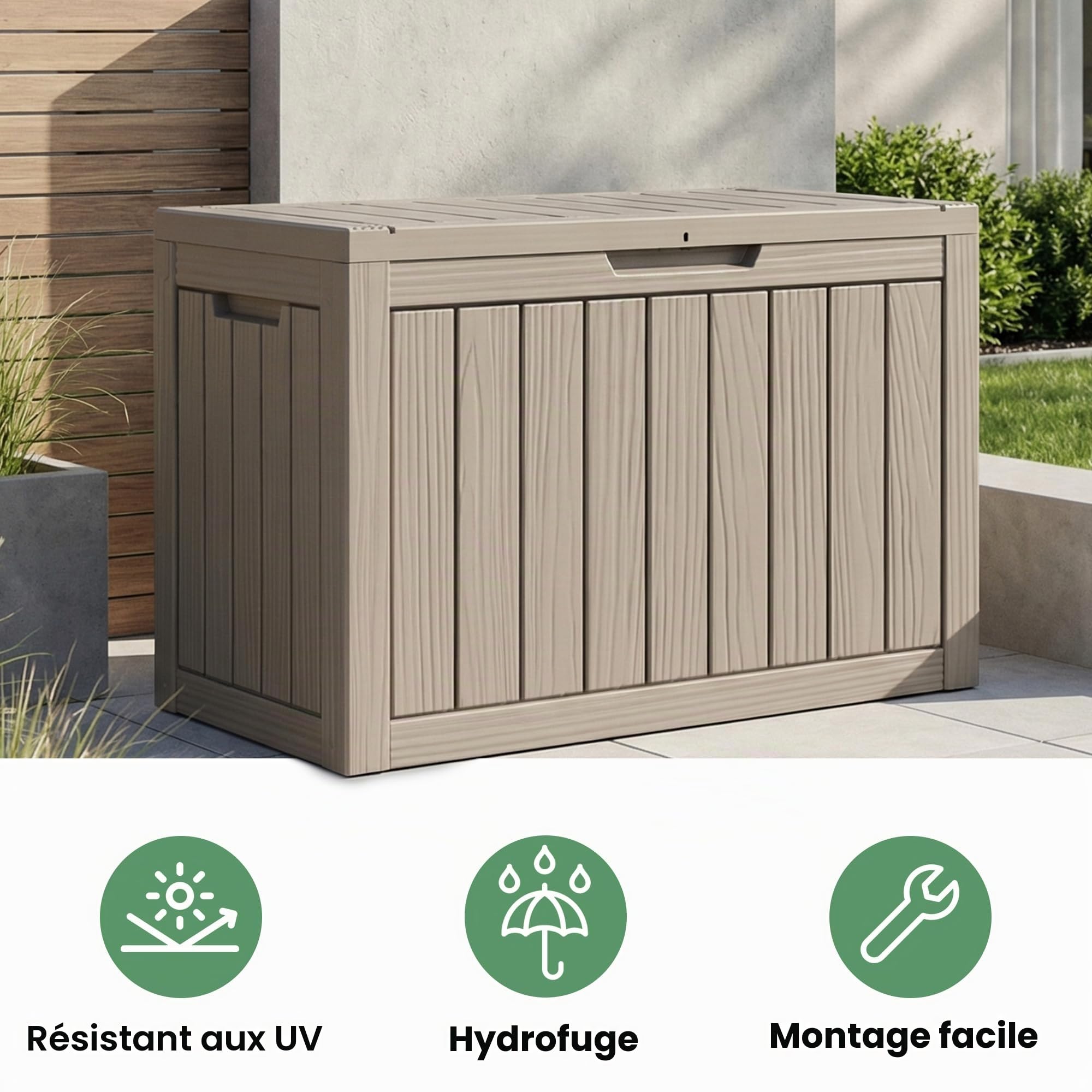 AKORD Coffre de Jardin Imperméable 170L, Boîte de Rangement Extérieur pour Balcon et Terrasse, Polypropylène Aspect Bois, 77,5 x 43 x 55,5 cm, Gris