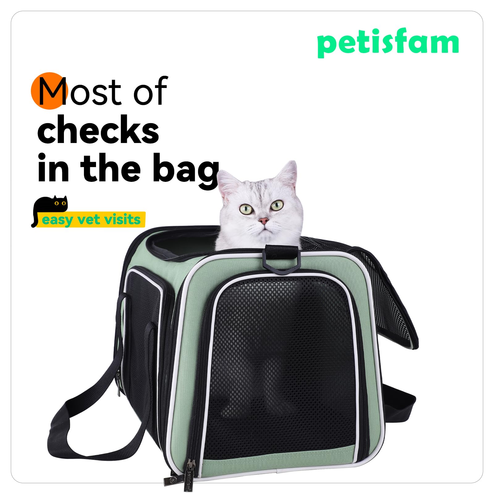 petisfam Top Load Cat Carrier for Medium Cats and Small Dogs with Washable Cozy Bed, 3 Doors and Shoulder Strap. Easy to get cat in, Easy Storage, Lightweight, Airline Approved - image 3
