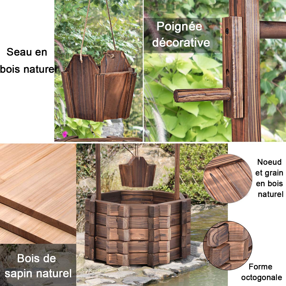 COSTWAY Fontaine de Jardin d'Ornement en Bois de Sapin Traité Carbonisation, Puit de Jardin 56 x 56 x 114 cm avec Seau et Manivelle, Décorative de Jardin