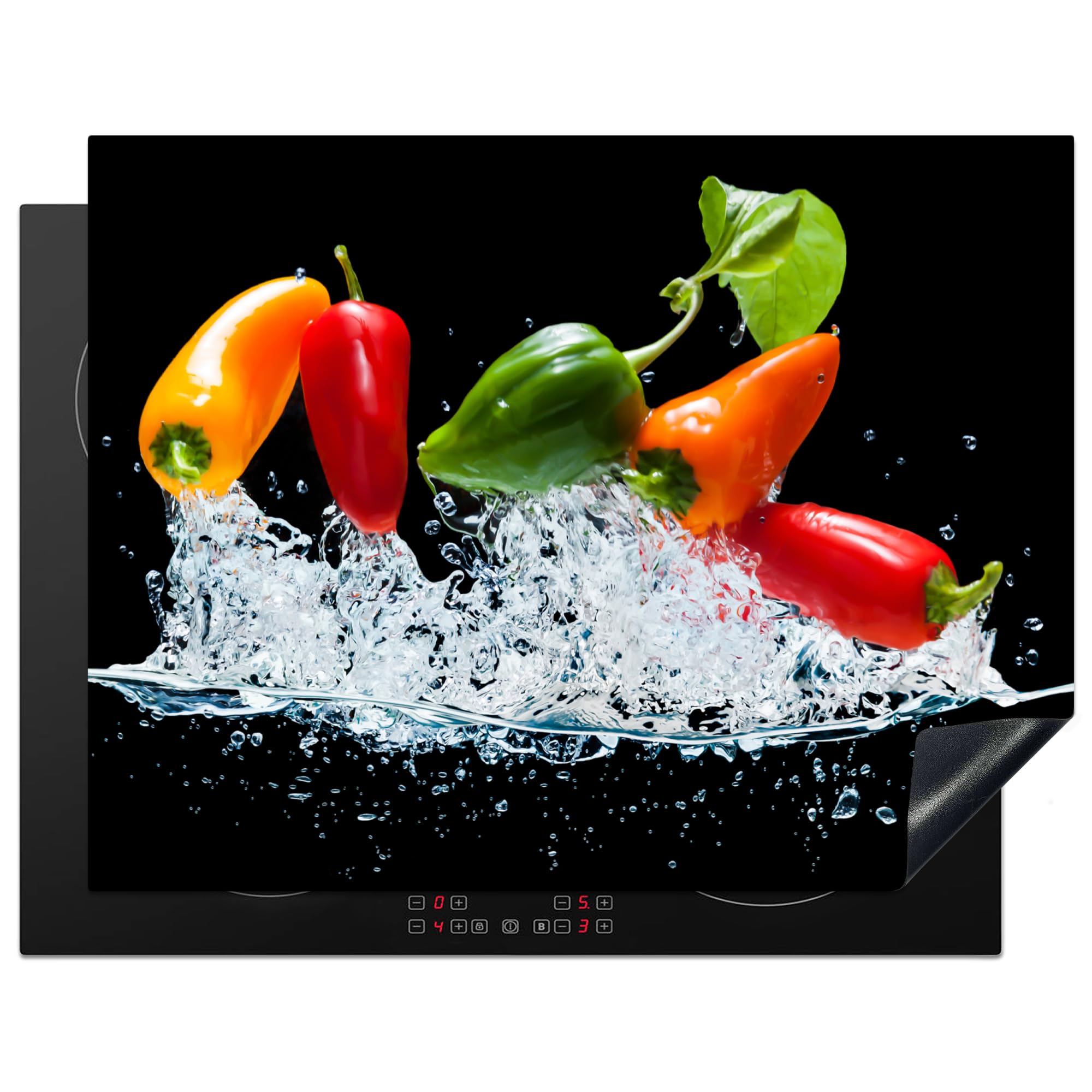 KitchenYeah© Induction Hob Cover Protector Mat 23.2"x30.3" / 77x59 cm Kitchen Universal Ceramic Covers for Electric Cookers Vinyl Chillies - Black - Vegetables - Water - Leaf