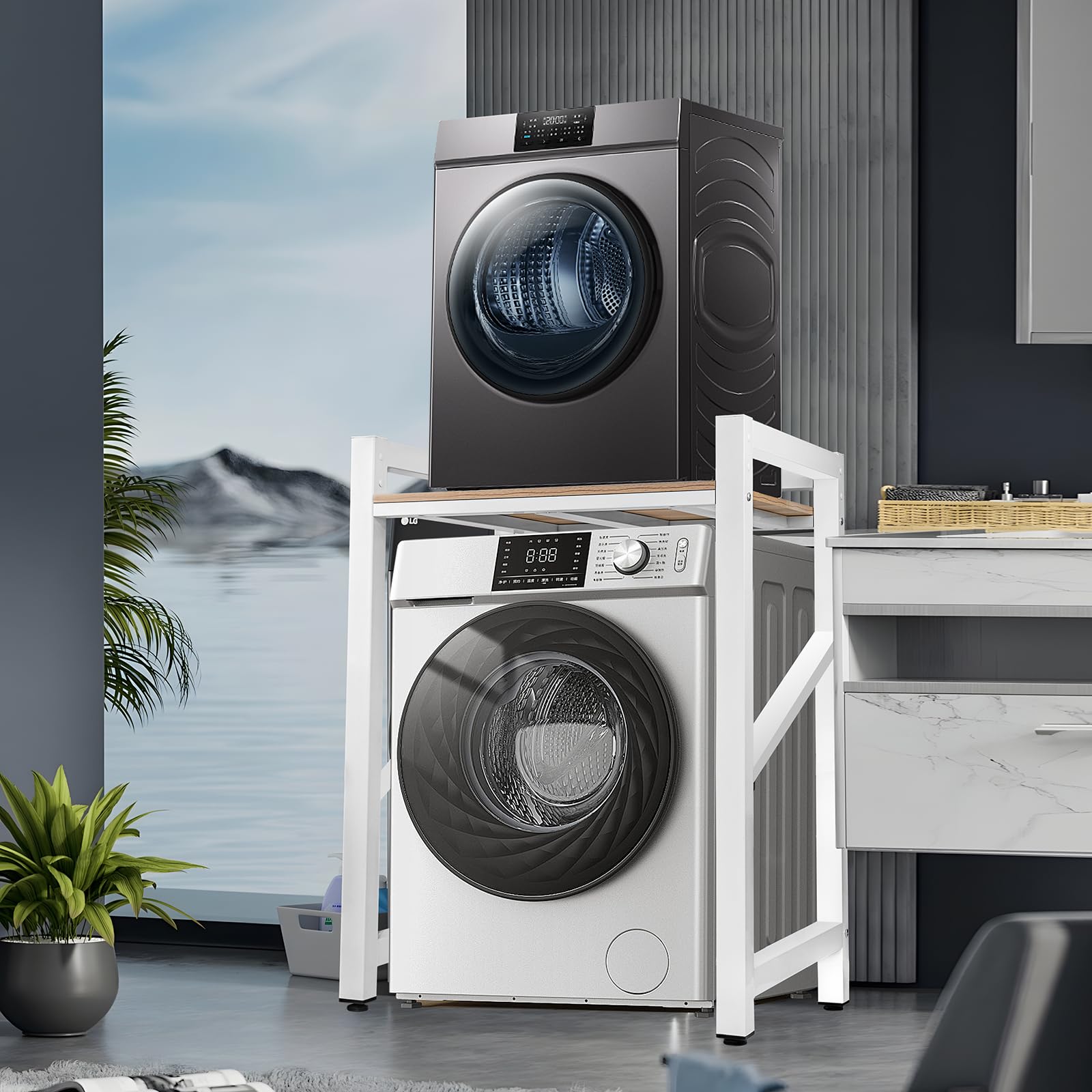 JXZ Supporto Lavatrice Asciugatrice, 3 Regolabili in Altezza, Kit Impilabile per Lavatrice e Asciugatrice, Capacità Portante 300kg per Bagno, Lavanderia (Noce chiaro)