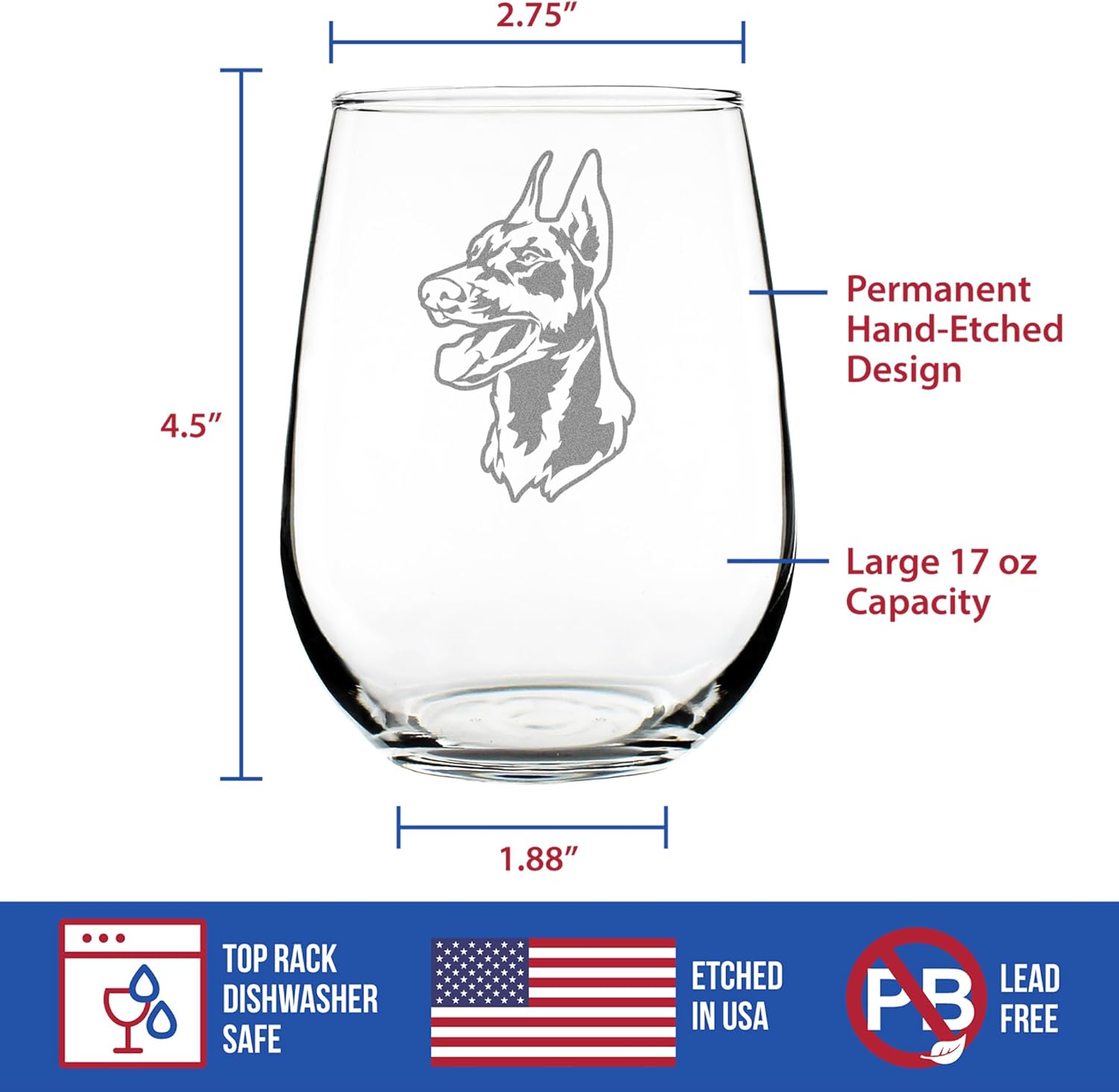 Custom Doberman Face Stemless Wine Glass - Cute Dog Themed Decor and Gifts for Moms & Dads of Pinscher Dobermans - Large 17 Oz - Customized Glasses