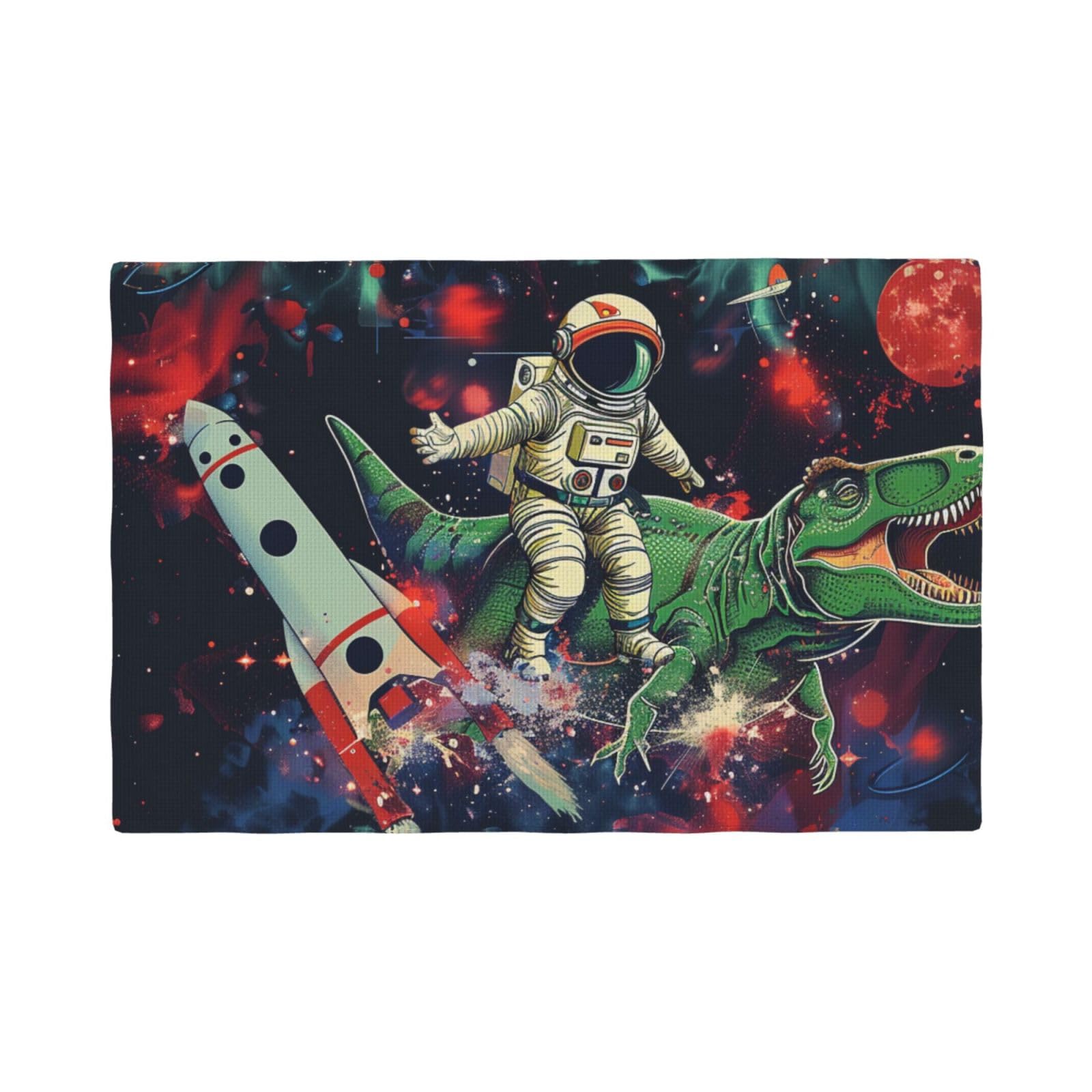 Funny Astronaut Dinosaur Rocket Print Placemats Set, Heat Resistant Washable Placemat 12x18in Table Mats for Party Kitchen Dining Table Decoration Indoor Outdoor, Six Piece