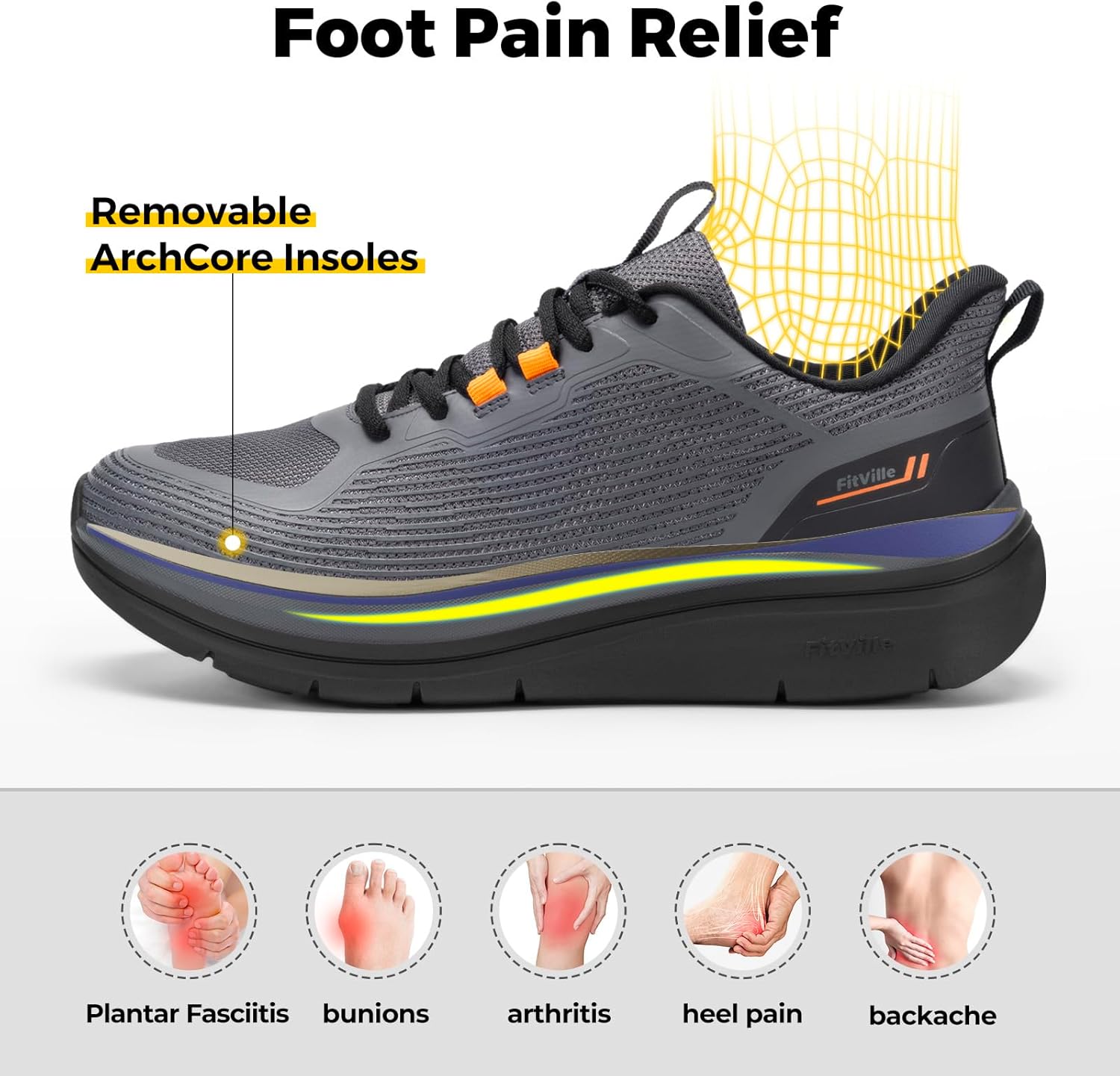 FitVille Mens Walking Shoes Wide Width Lightweight Cushioned Workout Sneakers Pain Relief - Image 5
