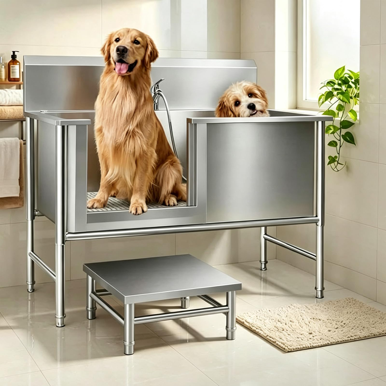 Hundebadewanne Edelstahl Haustiere Badewanne, professionelle Tierpflegewanne, mit Duschkopf, Seifenhalter & Treppe, Kommerzielle Haustierpflegewannenstation,L120cm