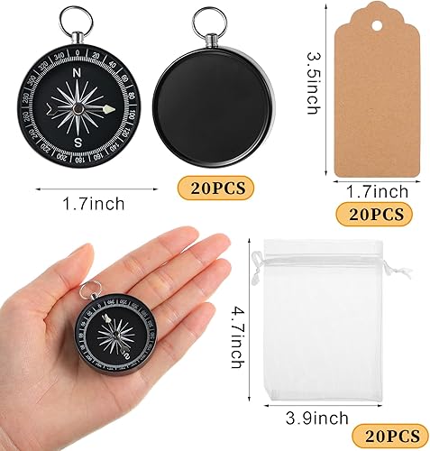 Miniatura 8 de Juego de 60 piezas de brújula de boda mini brújula regalo náutico con etiquetas de papel kraft y bolsa de organza blanca para invitados cumpleaños