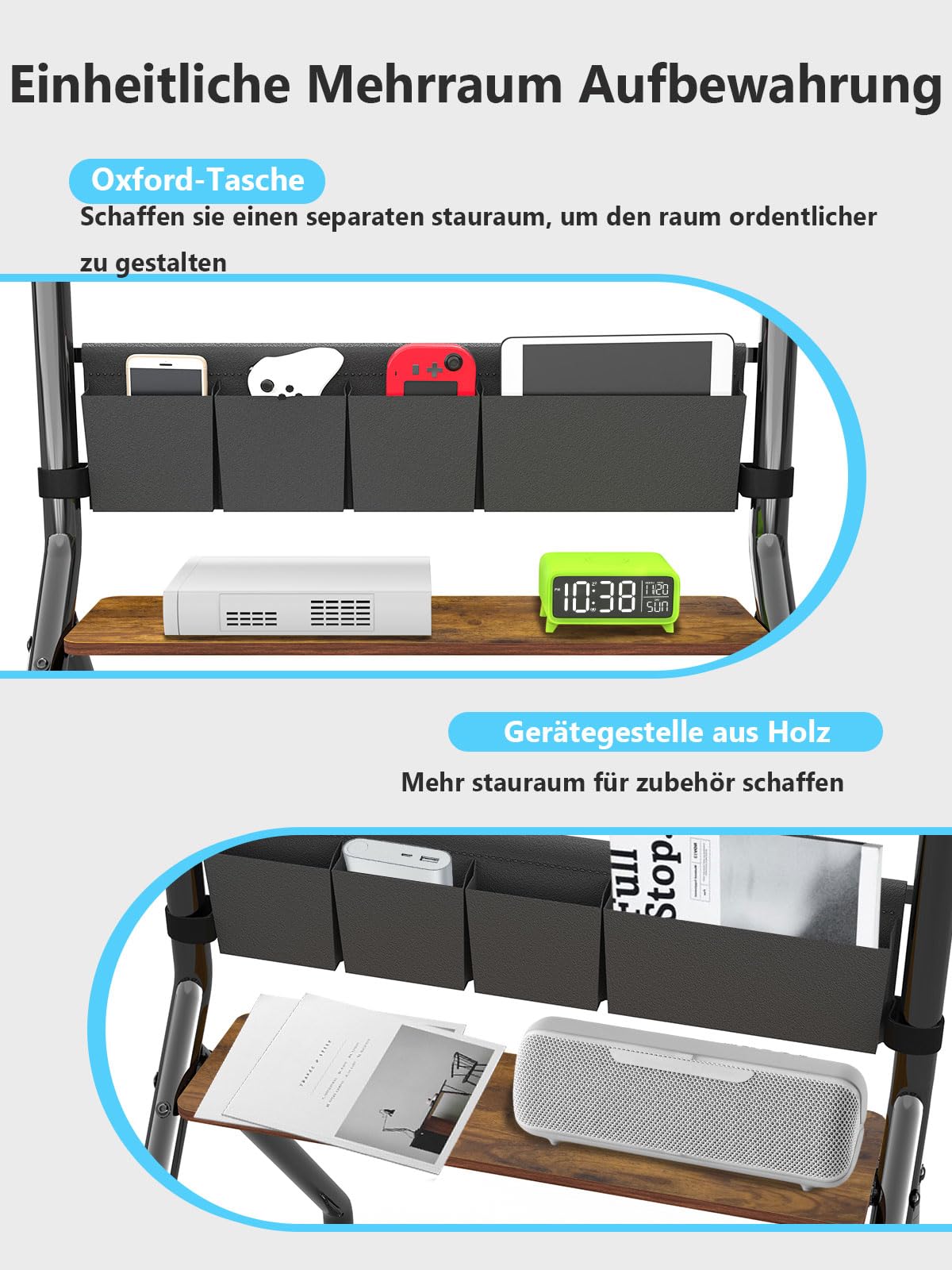 Rollbarer TV-Ständer mit Aufbewahrungstaschen,stoßfest,ästhetisches Design,mobiler TV-Wagen für 32-75 Zoll LCD/LED/OLED Flach-/Curved-Bildschirme,Tragkraft bis zu 100 kg,höhenverstellbar mit Rollen