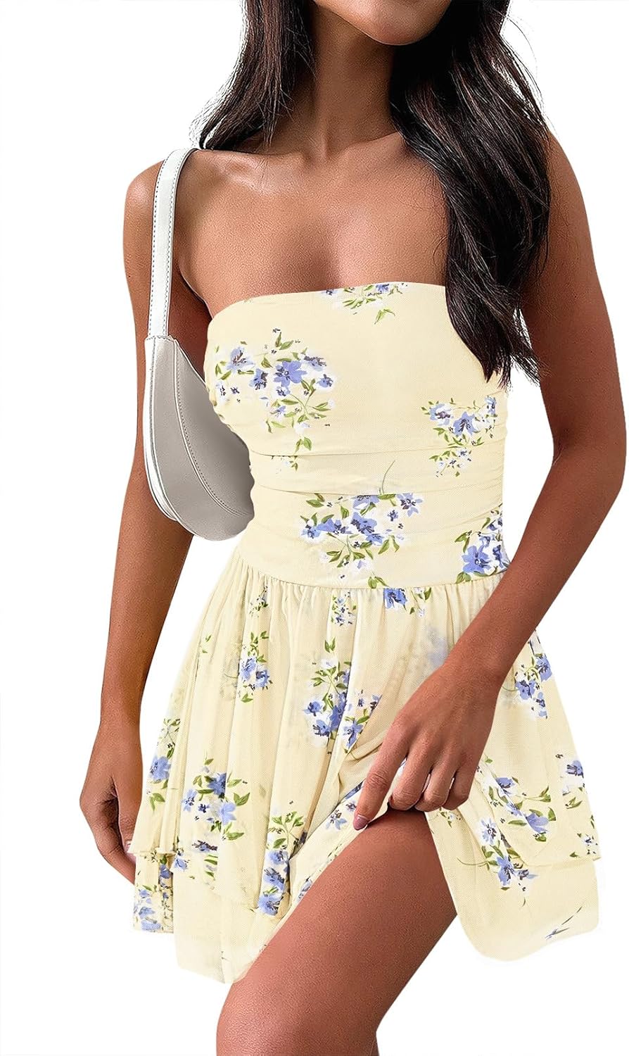 MEROKEETY Women's Summer Floral Strapless Tube Dress Boho Off Shoulder Ruffle Tiered Mini Sundress