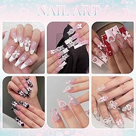 3D Nail Charms for Coquette Nails Design Set 3, White Nail Bows + Assorted Pearl Heart Star Moon Bowknot Cute Nail Jewels + 3D Flower Charms and Nail Pearls, with Picker Tools for Nail Decor