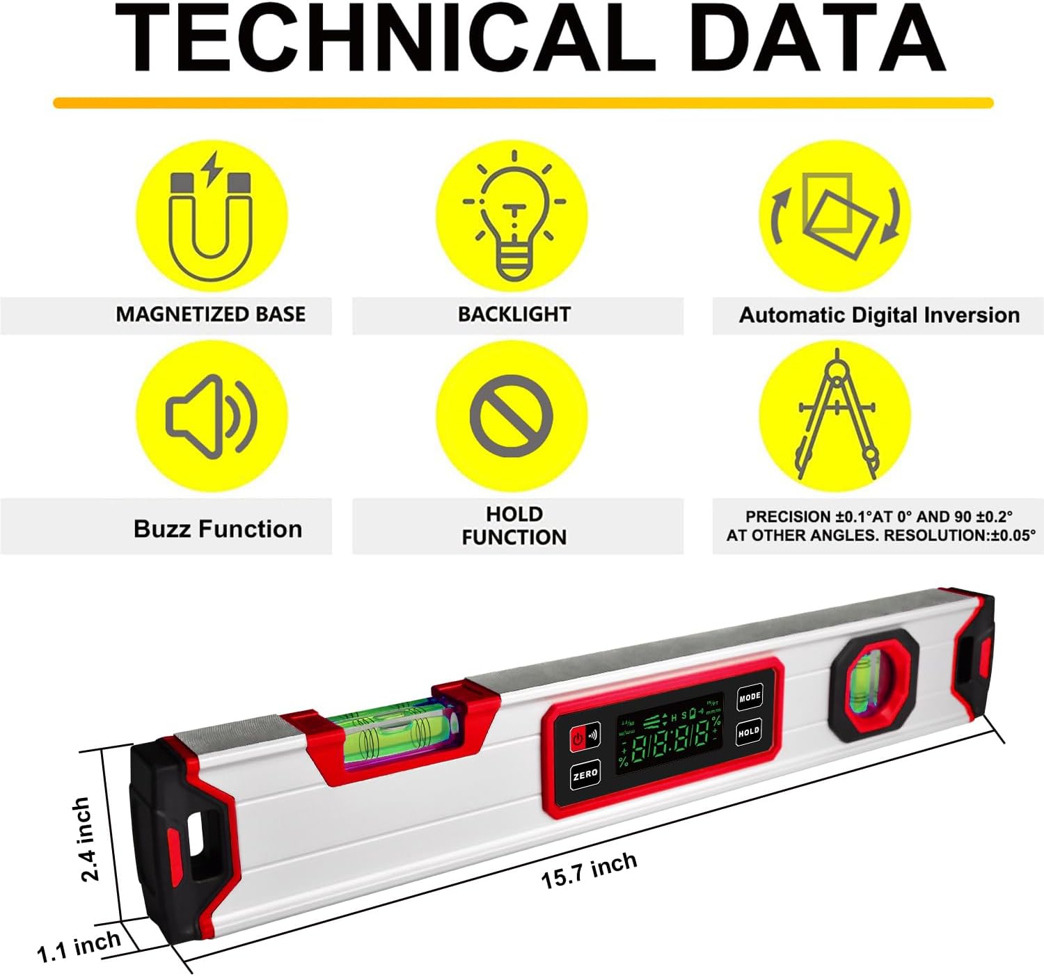 15.7-Inch Digital Torpedo Level & Angle Finder – IP54 Waterproof Inclinometer with Backlit LCD, V-Groove Magnetic Base, 0.1° Accuracy – for Construction, Woodworking, Metalworking（Red)