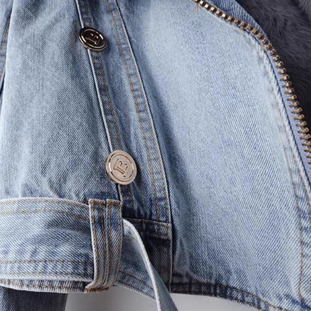 yoeasy Women Denim Jacket Removable Faux Fur Lined Thicken Shaggy Short Parka Coat Warm Winter Jean Jacket