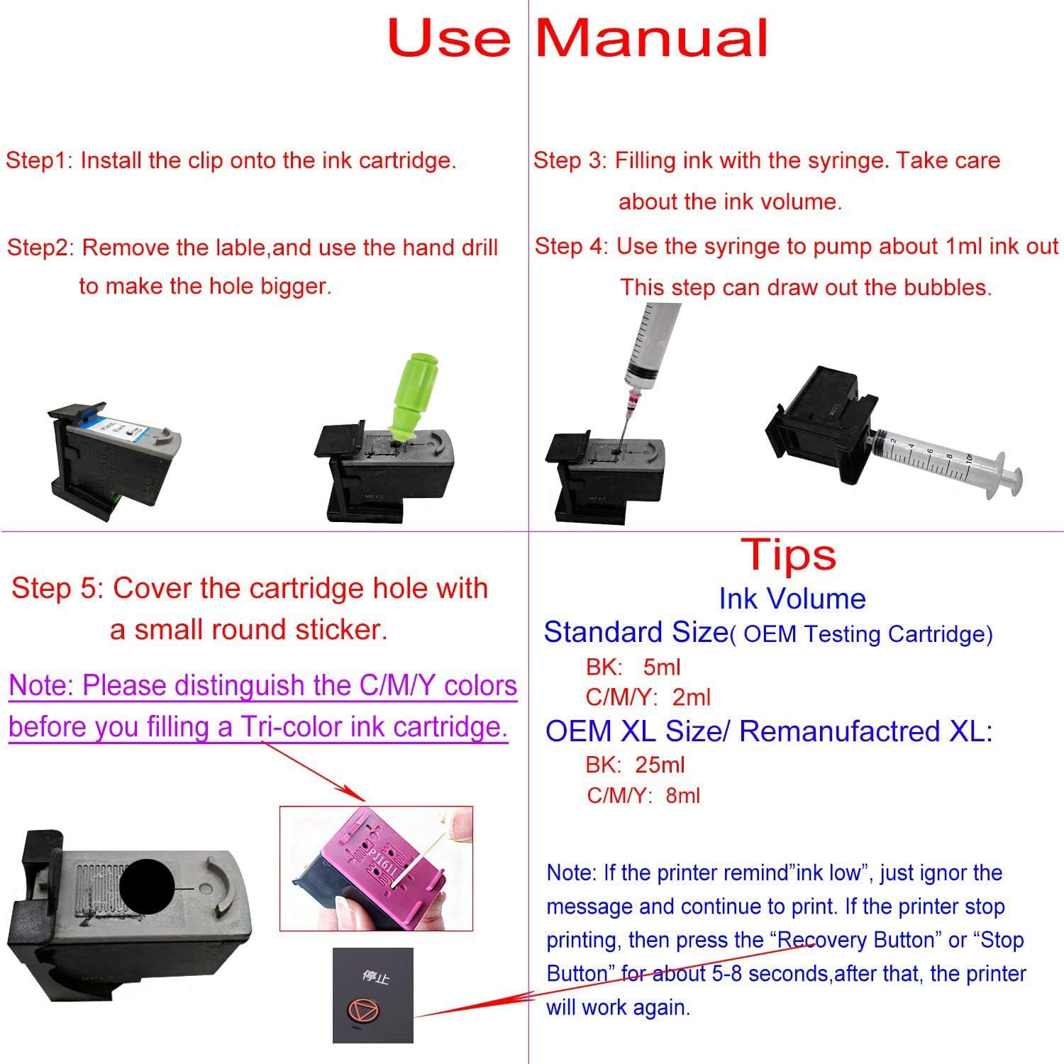 KSI Ink Refill Tools Compatible for Hp Inkjet Ink Cartridges 662XL 664XL 60XL 61XL 62XL 63XL 64XL 65XL 92XL 94XL 901XL 21XL 22XL 27XL 28XL 56XL 57XL 58XL 74XL 75XL 650XL