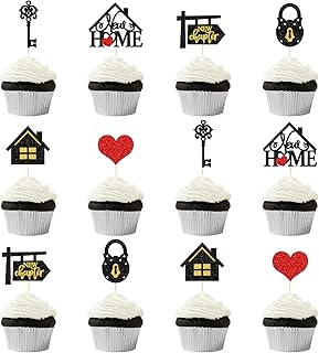 Qttier Homewarming Cupcake Toppers, 24pcs, Black, Red, Gold, CAKE TOPPER