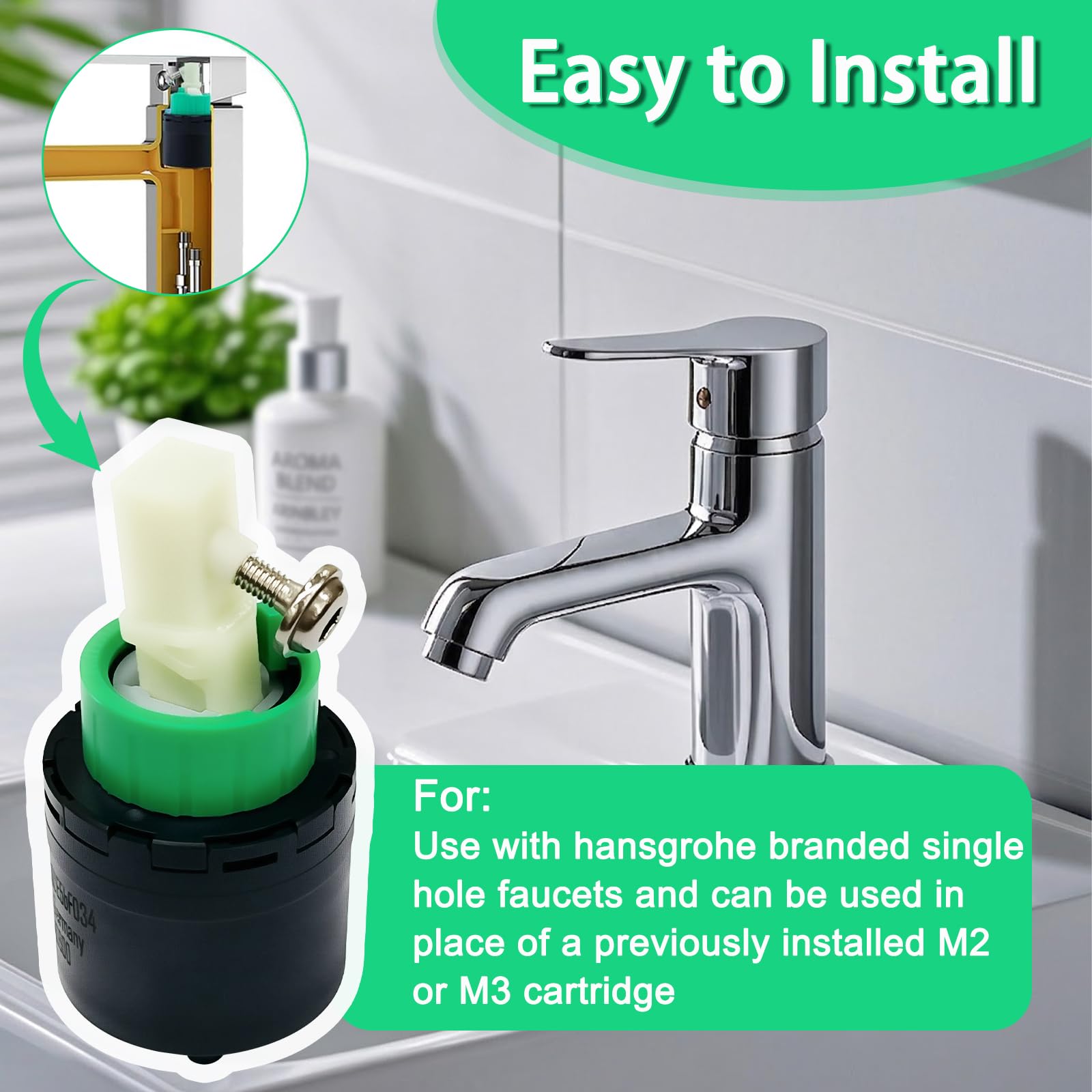 Repuesto compatible con Hansgrohe 92730000 cartucho de grifo para cartucho de cerámica de un solo agujero M3/M2 de 2 pulgadas de repuesto para grifo de baño