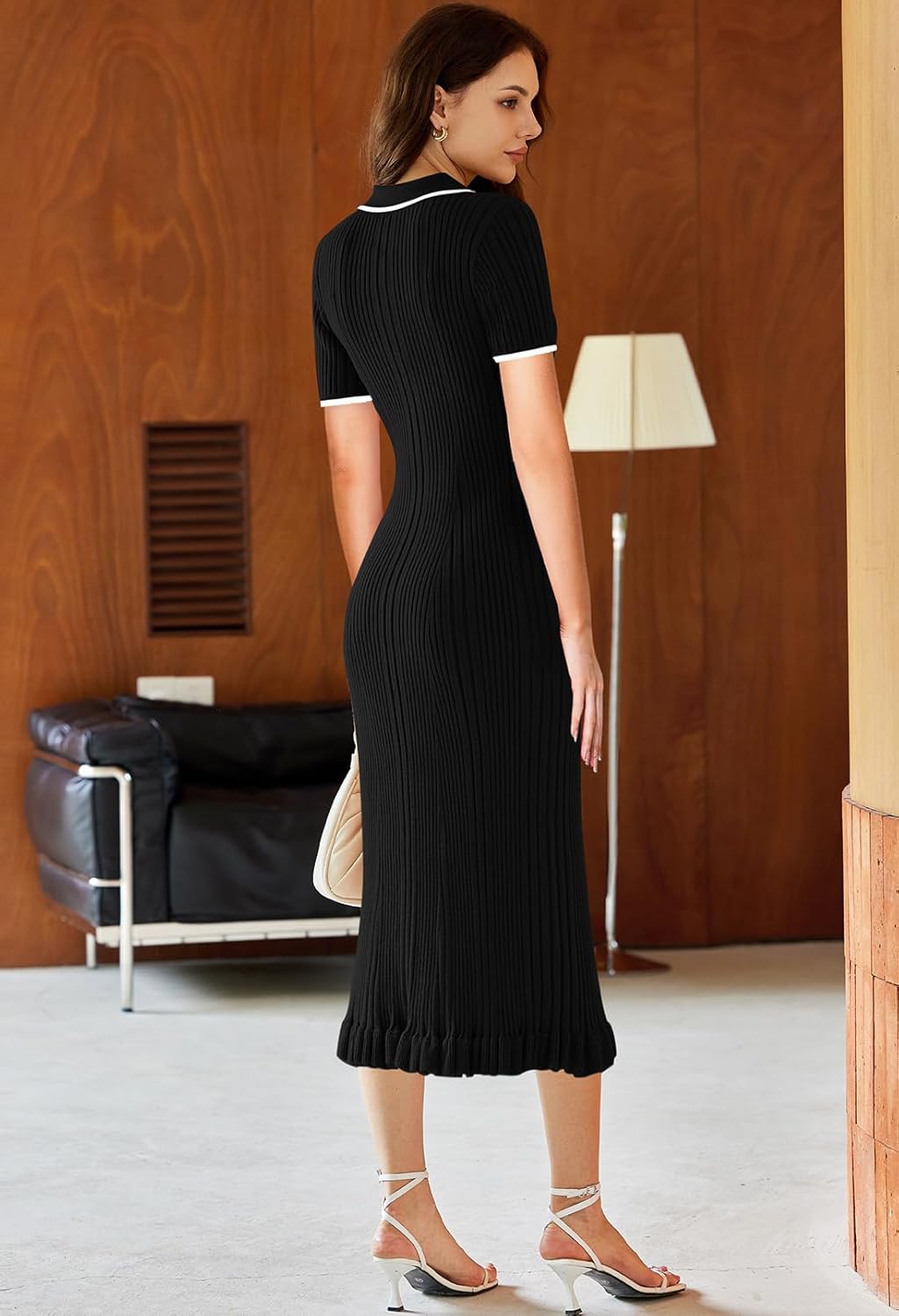 Pink Queen Women's Elegant Bodycon Dress 2026 Short Sleeve V Neck Half Button Cocktail Party Ribbed Knit Long Sweater Dress - Image 3