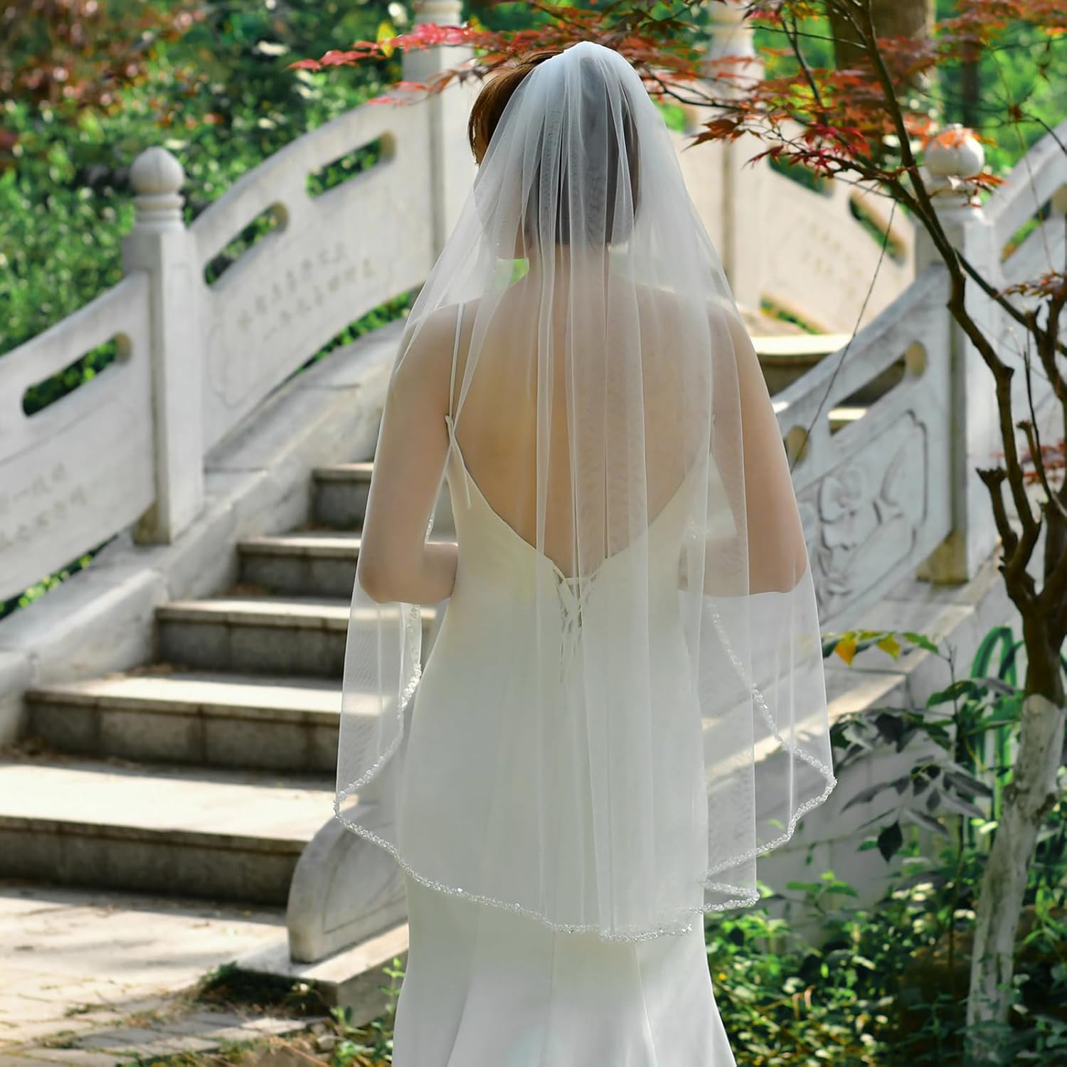 azaleas Bridal Wedding Veil Crystal Beaded Edge Wedding Veil With Comb 1 Tier (Off-White - 100cm/39in) - Image 6