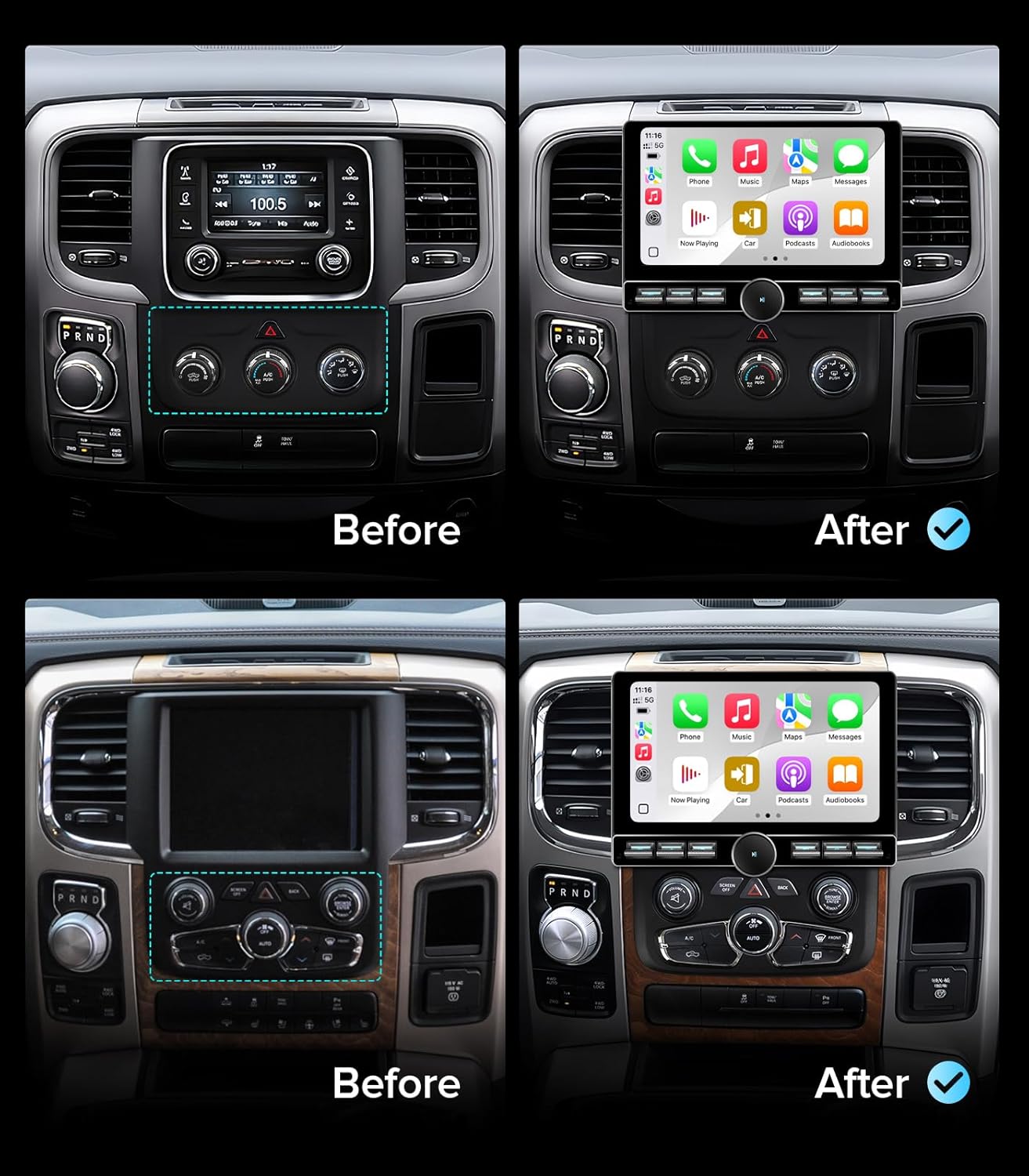 Side-by-side comparison of a Dodge Ram dashboard before and after installing the AINAVITO 10-inch car stereo, showing the integrated display.