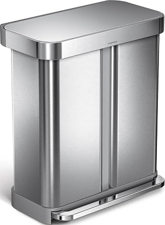 simplehuman 58L 34/24 Rectangular Recycling Kitchen Pedal Double Bin with Liner Pocket, Silent Soft Close Lid, Strong Wide Pedal, Fingerprint-Proof, Brushed Stainless Steel, CW2025