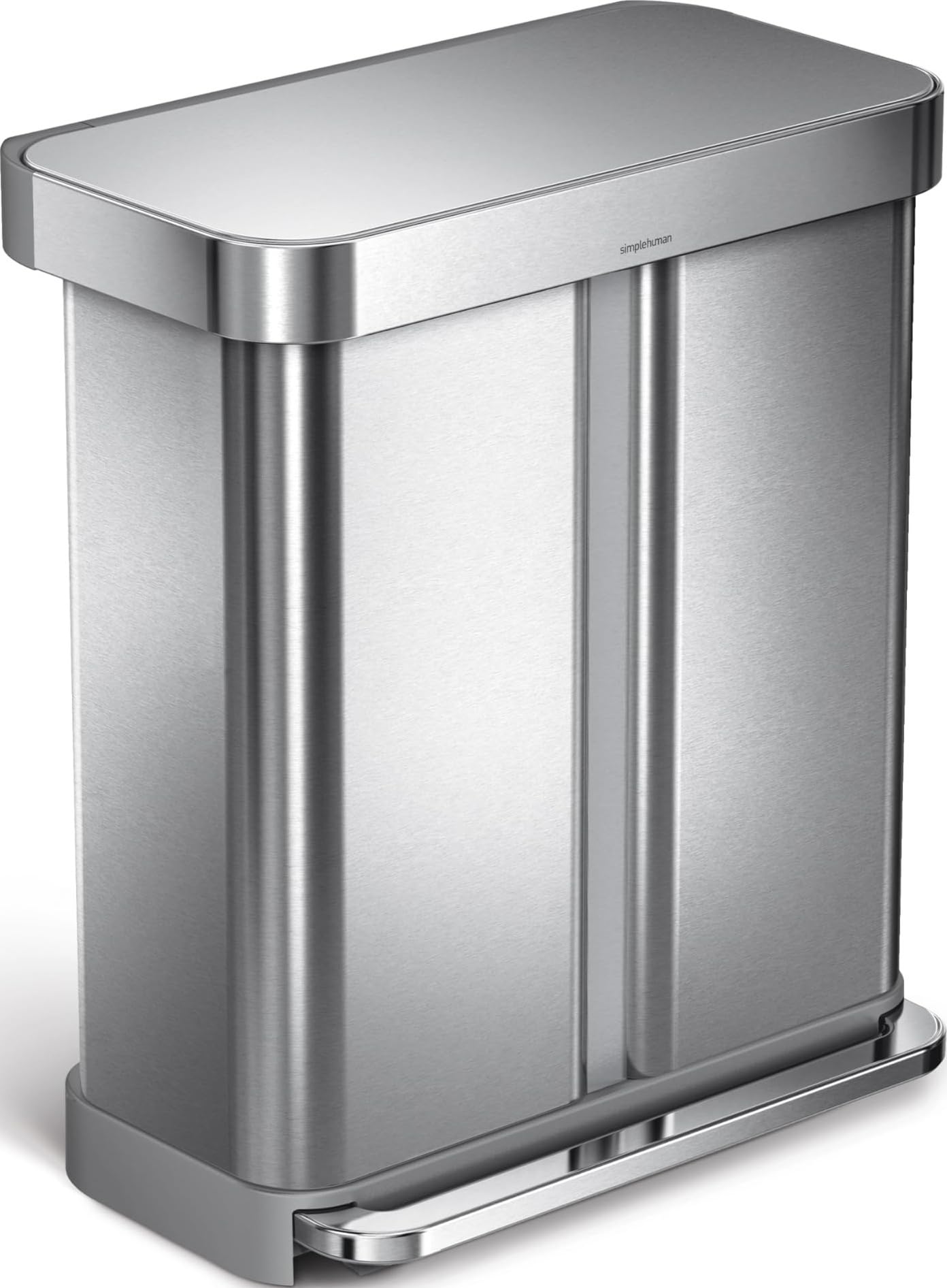 simplehuman CW2025 cubo doble compartimento con pedal y almacén de bolsas de basura, acero inoxidable cepillado, 58 L (34/24)