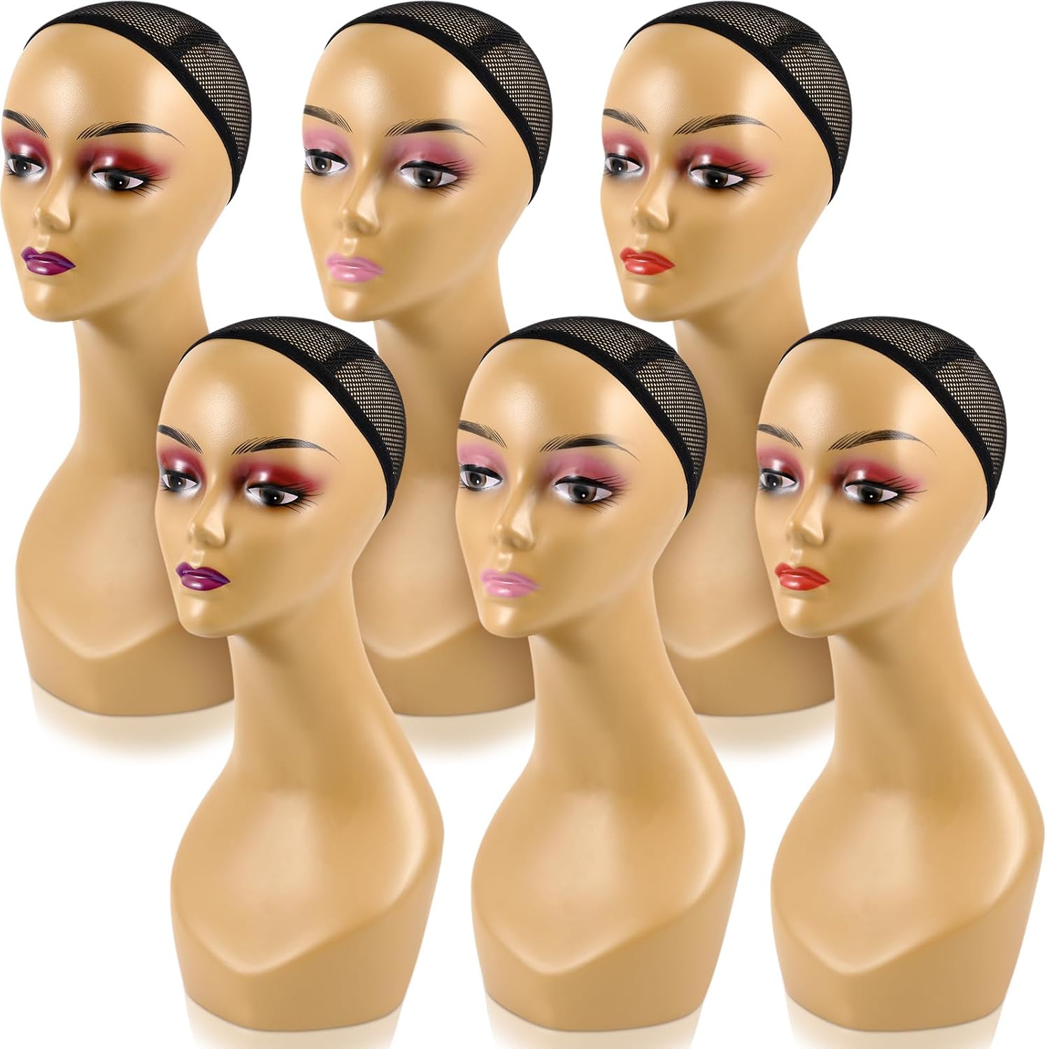 Leinuosen 6 Pcs Female Realistic Mannequin Head for Wigs 19" Lifelike Plastic Manikin Display for Sunglasses, Earrings, Jewelry, Beauty Accessories, Brown Brown 6