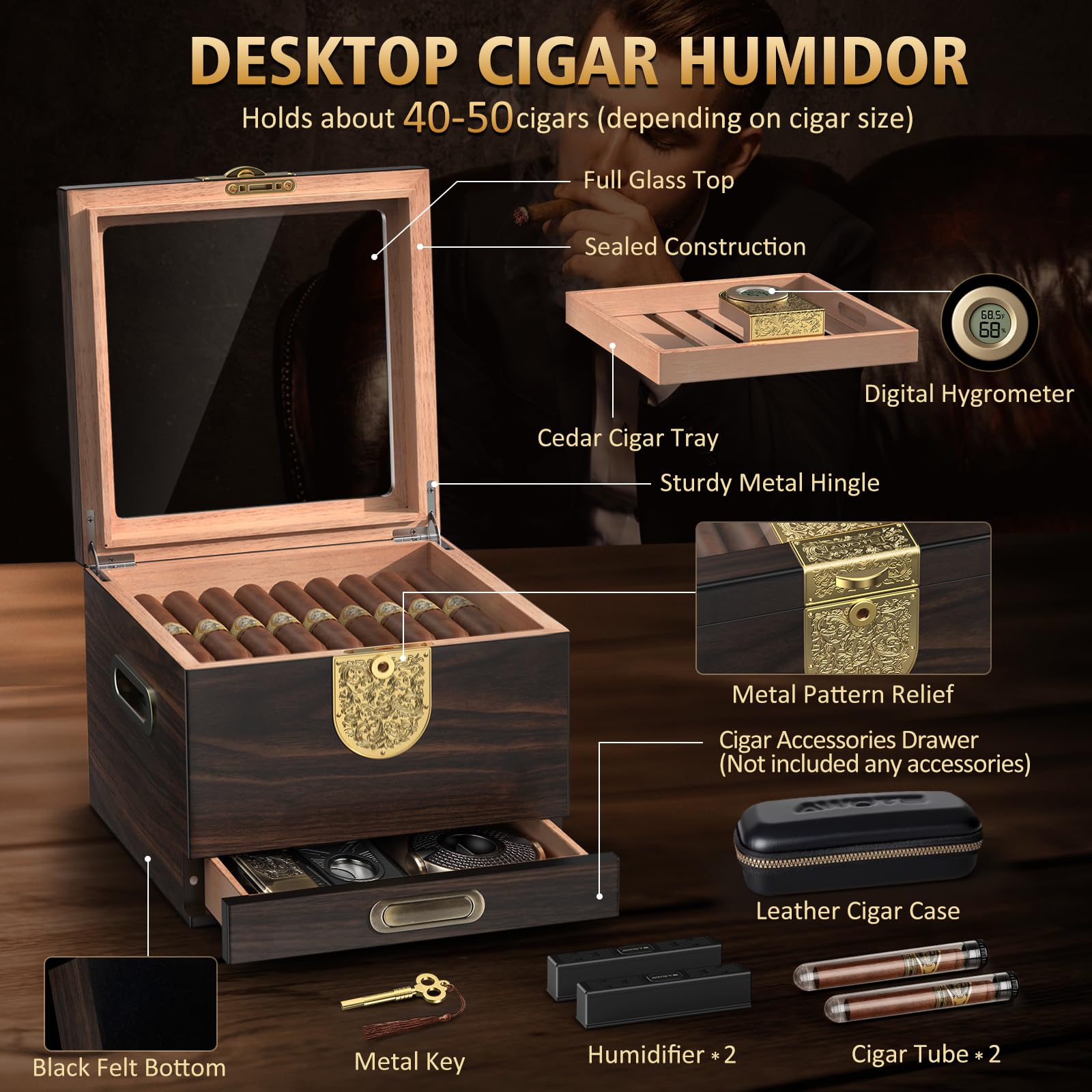 Umidificatore per sigari, in legno di cedro, con igrometro digitale, umidificatore regolabile, cassetto per accessori, vassoio in legno, custodia per sigari in vetro (marrone)