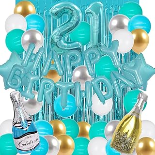 21st Birthday Decorations for Her Blue Teal Silver 21st Bday Decor Women Girl Gold Turquoise Teal Happy Birthday Banner 21 Balloon Number Curtain Backdrop Teal and Gold Party Balloons Finally Legal