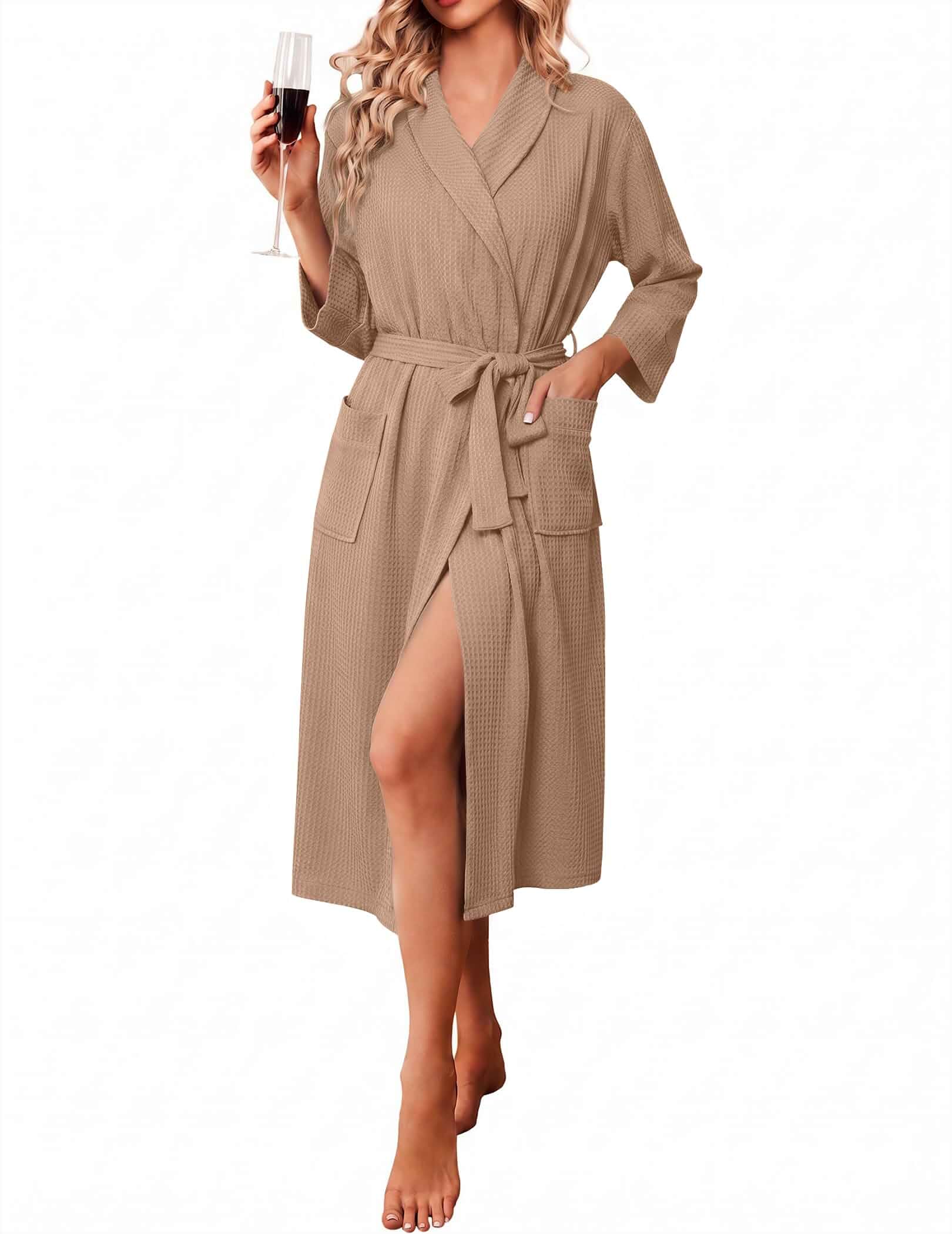 Ekouaer Robes for Women Long Waffle Knit Bathrobe Shawl Collar House Coats 3/4 Sleeves, Mid-calf Length, Lightweight, Soft, Casual, Comfy, Removable Belt, SPA Kimono Nightgown with Pockets, Loungewear